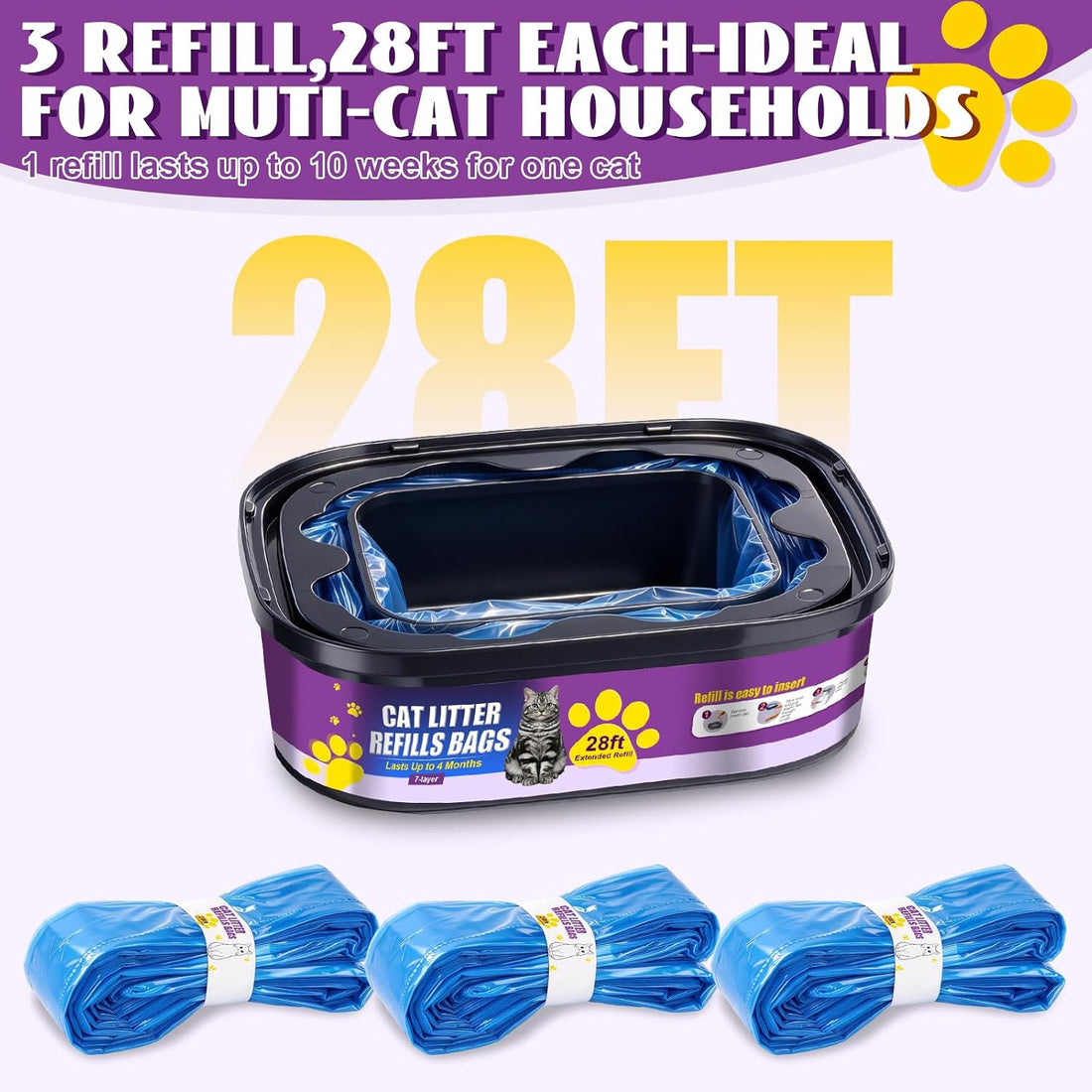 Cat Litter Refill Bag Compatible with Cat Genie, 3-Pack, 84ft Total