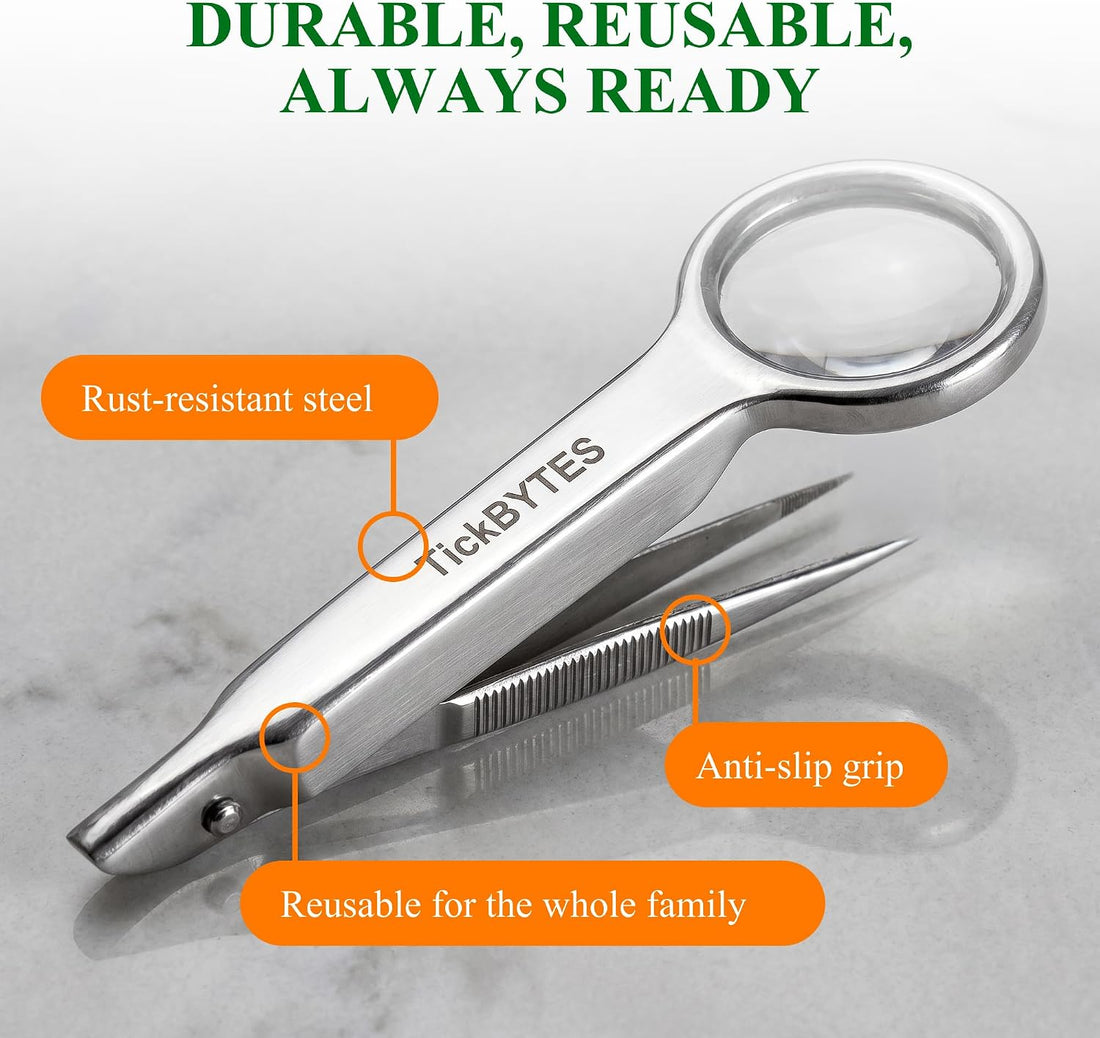 TickBYTES Tick Removal Kit, Stainless Steel Tweezers with Magnifier