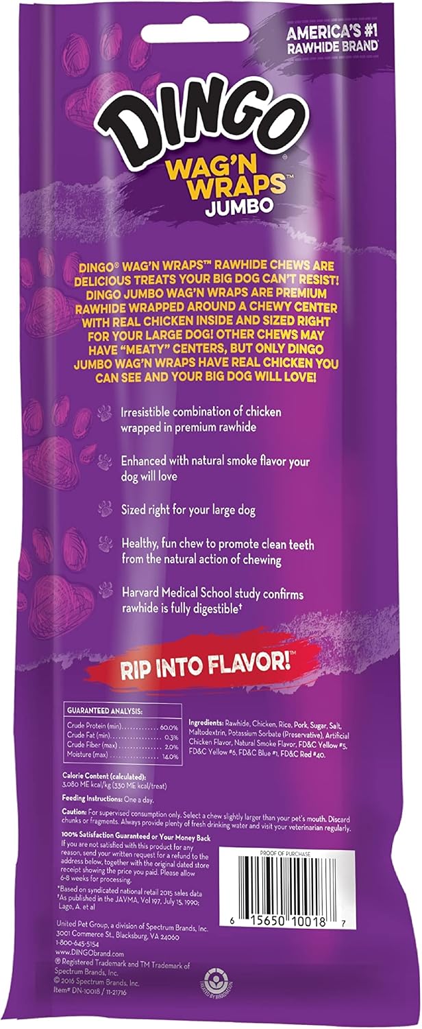Dingo Wag’n Wraps Jumbo Rawhide Treat For Large Dogs, 2 Count