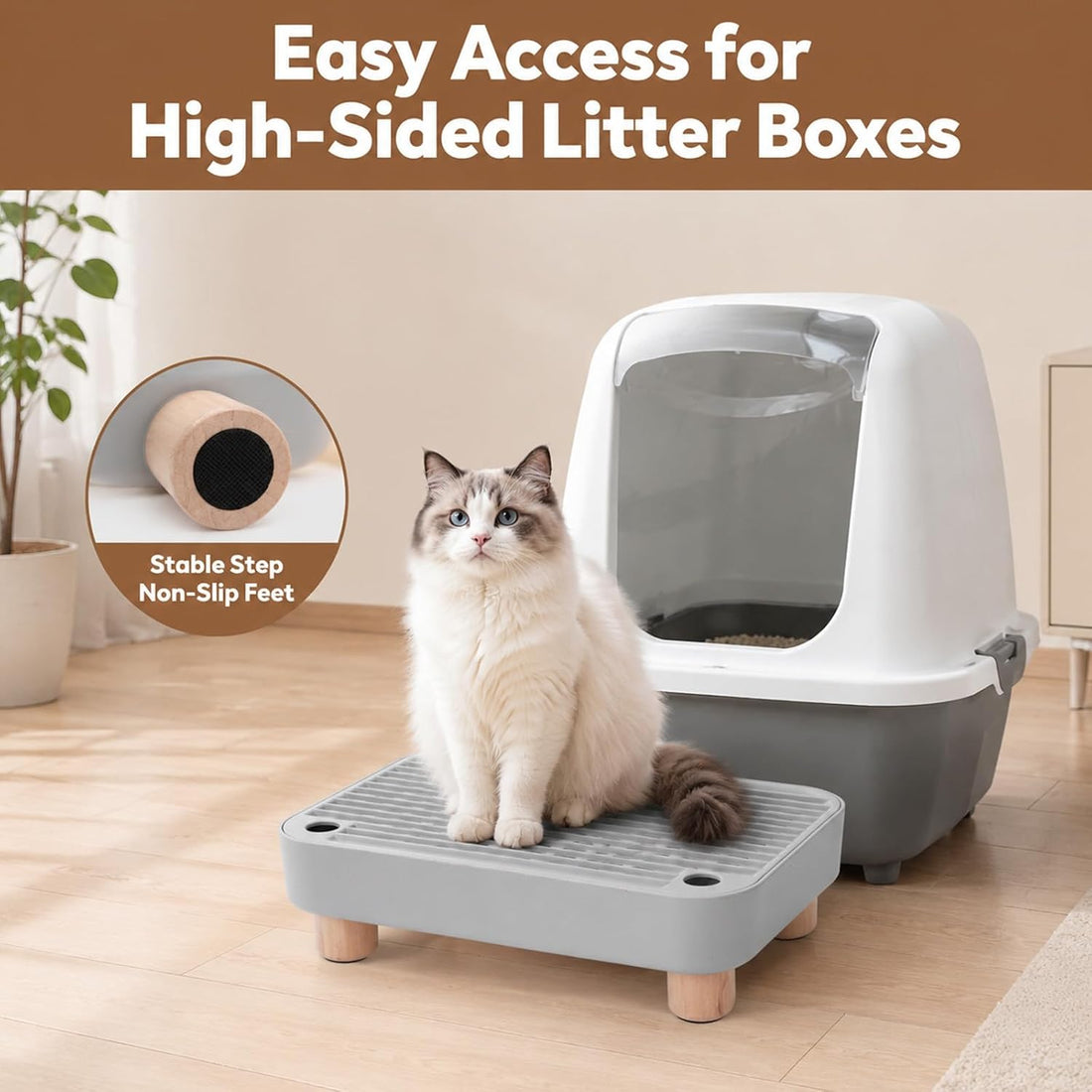 Litter Box Step Wooden Base Gray 11.8x7.9in Pet Stairs