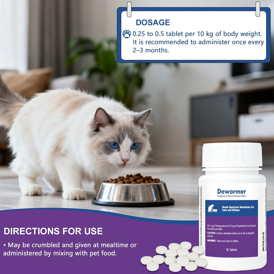 Cats & Kittens Broad-Spectrum Dewormer, 50 Tablets, for Tapeworms