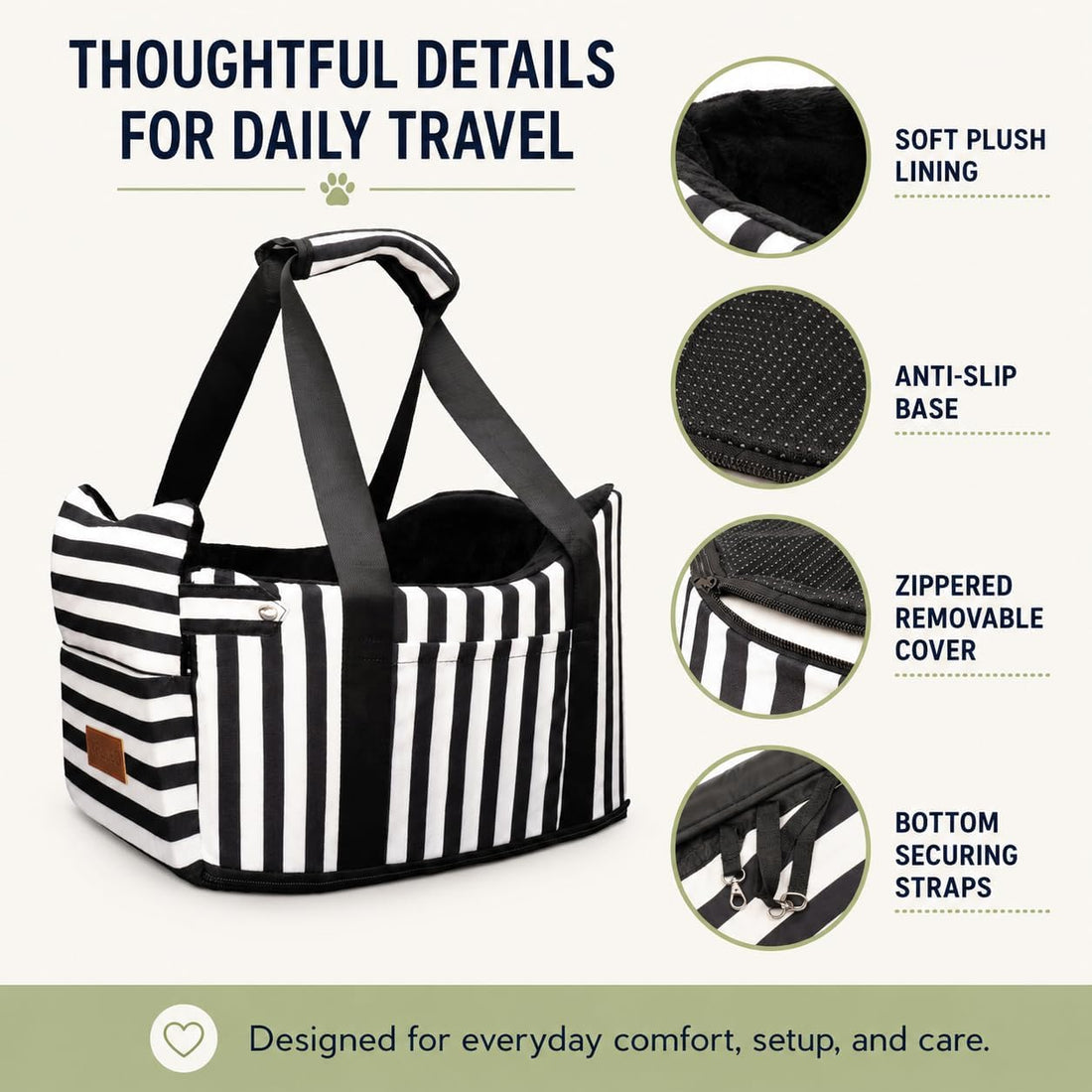 Console Dog Car Seat for Small Dogs to 15lbs (Black& White Stripes)