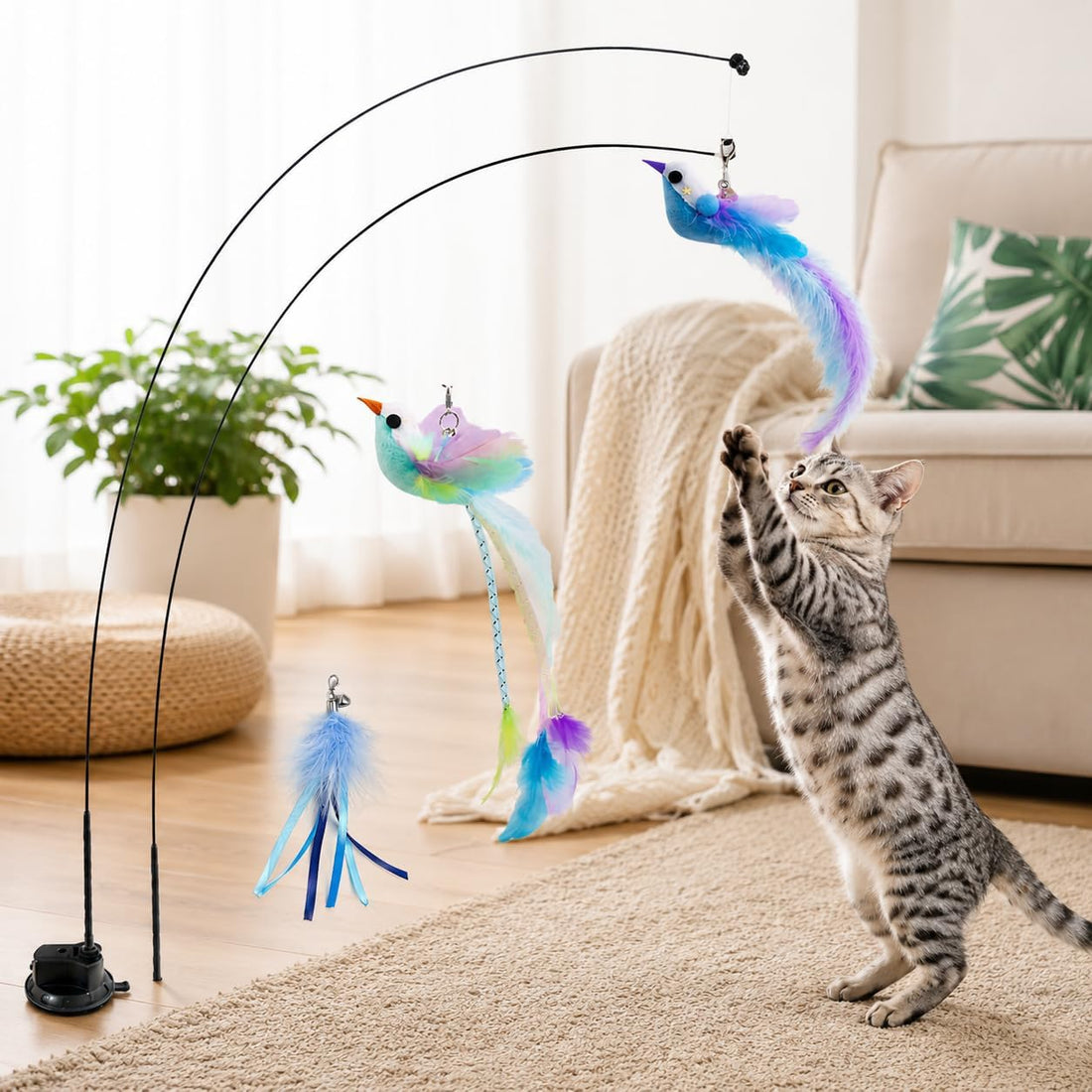 Interactive Cat Wand Toys, 2 Wands with 3 Feather Refills for Indoor