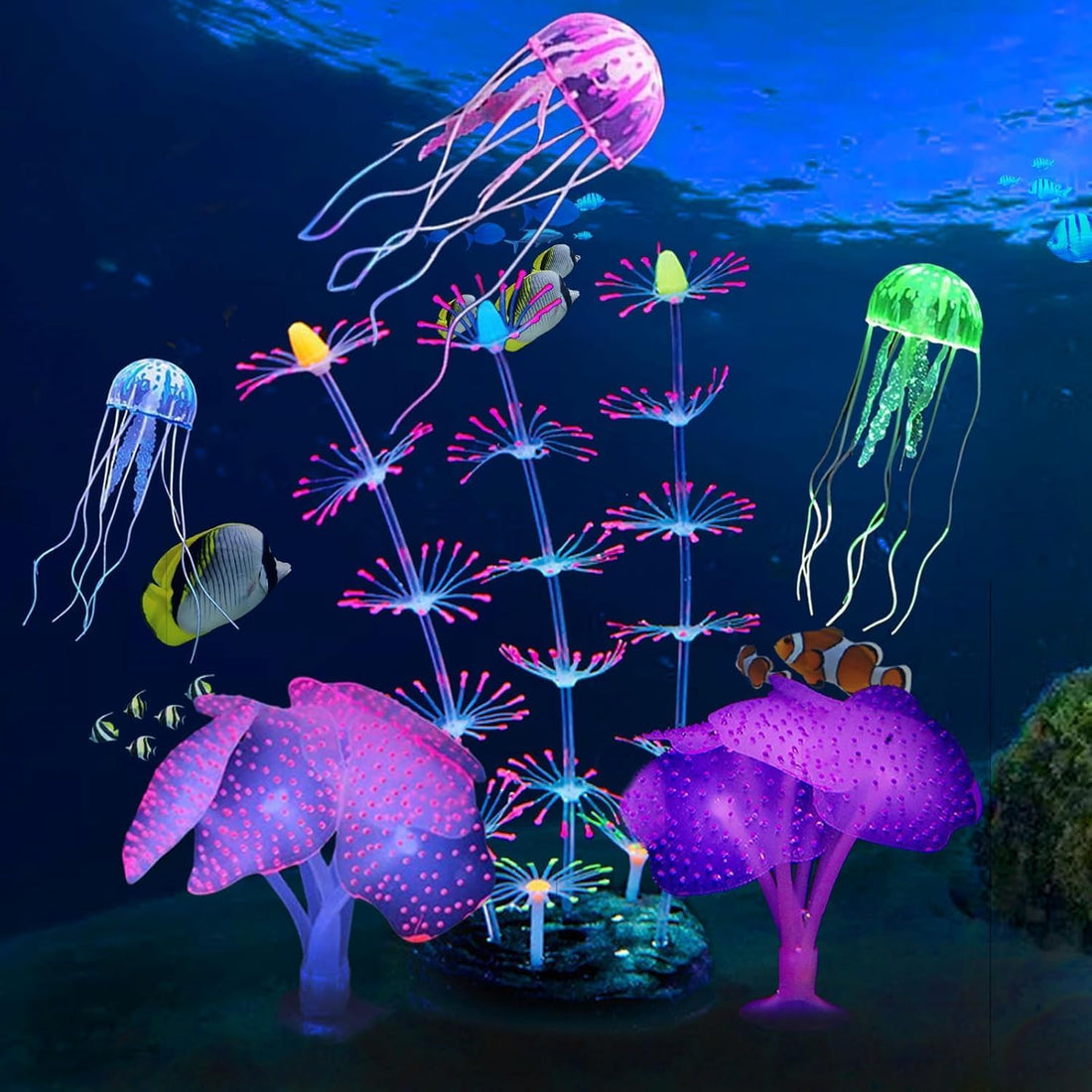 kathson 6PCS Glowing Effect Fish Tank Decors Silicone Glow Kelp Plant