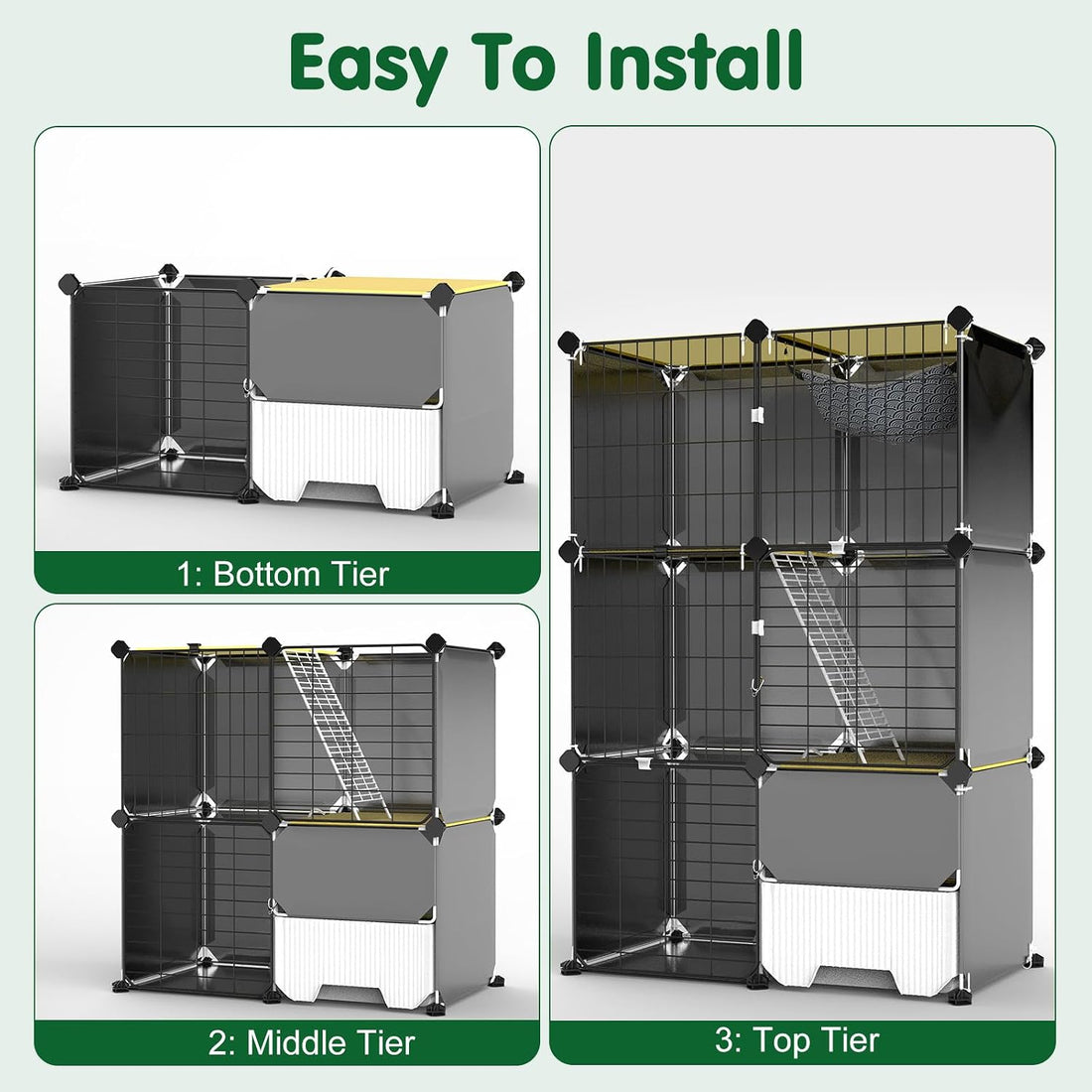 Cat Cage with Litter Box Hammock Ladders