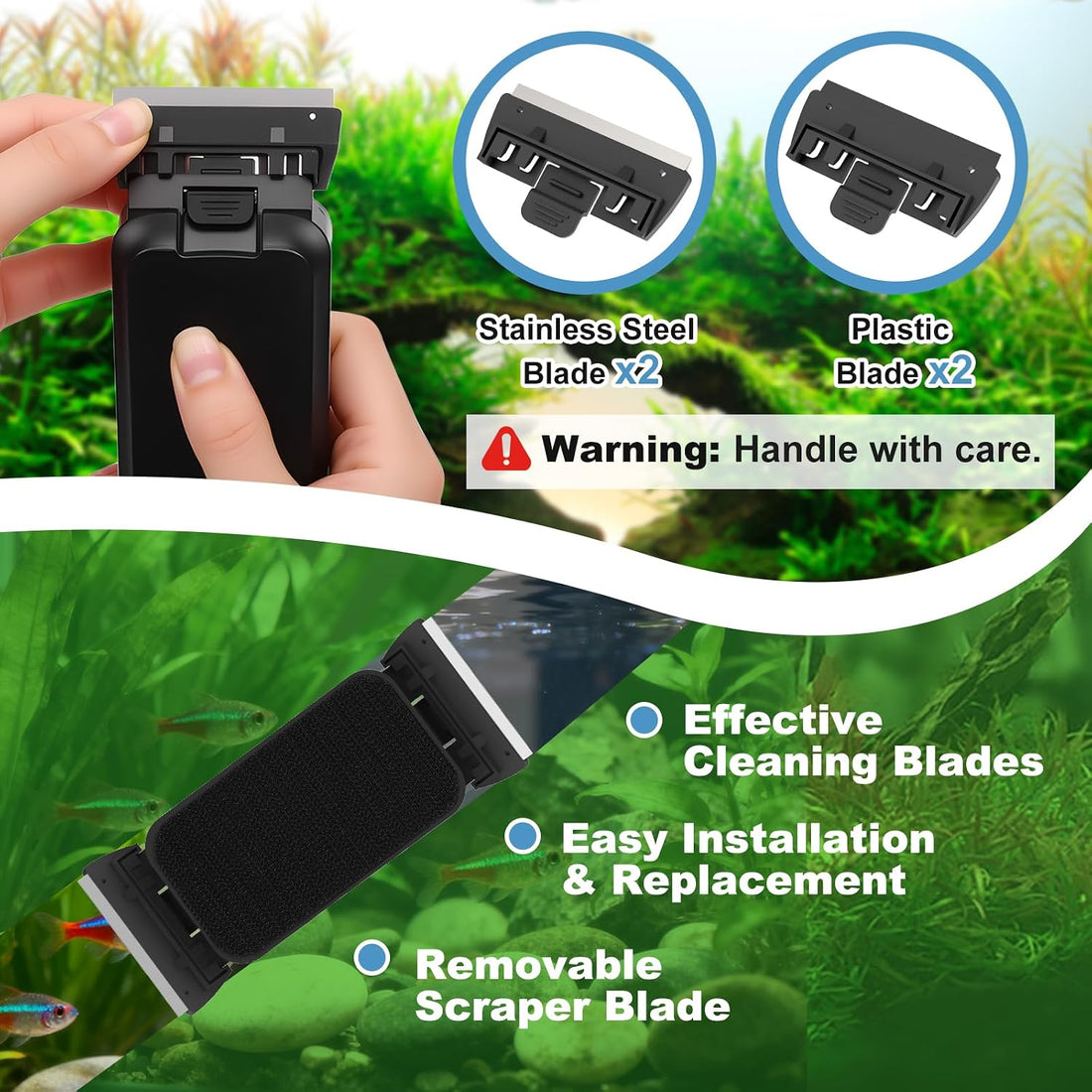 fishkeeper Dual-Blades Magnetic Aquarium Glass Cleaner with 4 Algae