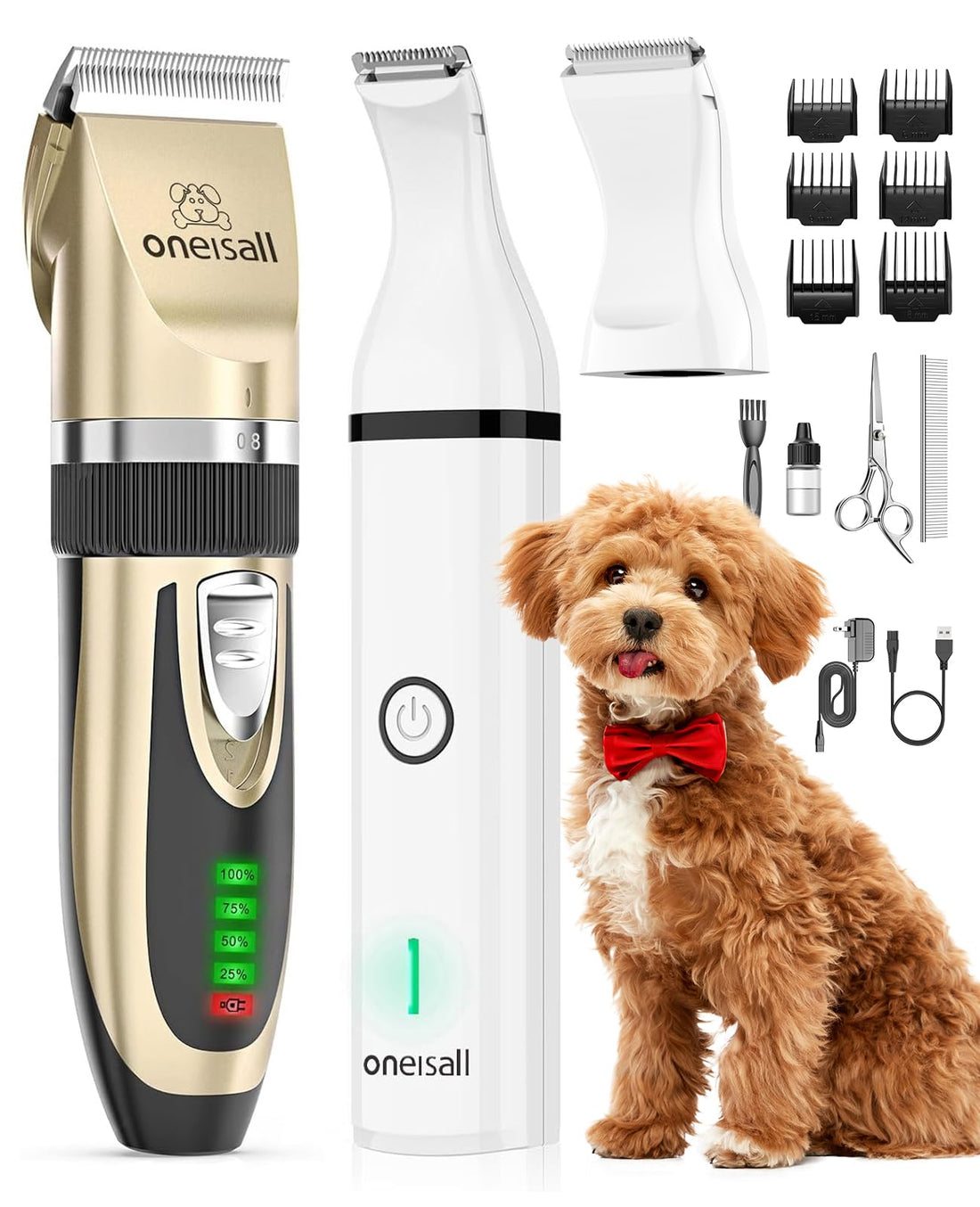 oneisall Dog Clippers and Paw Trimmer Kit 2 in 1 Low Noise Cordless