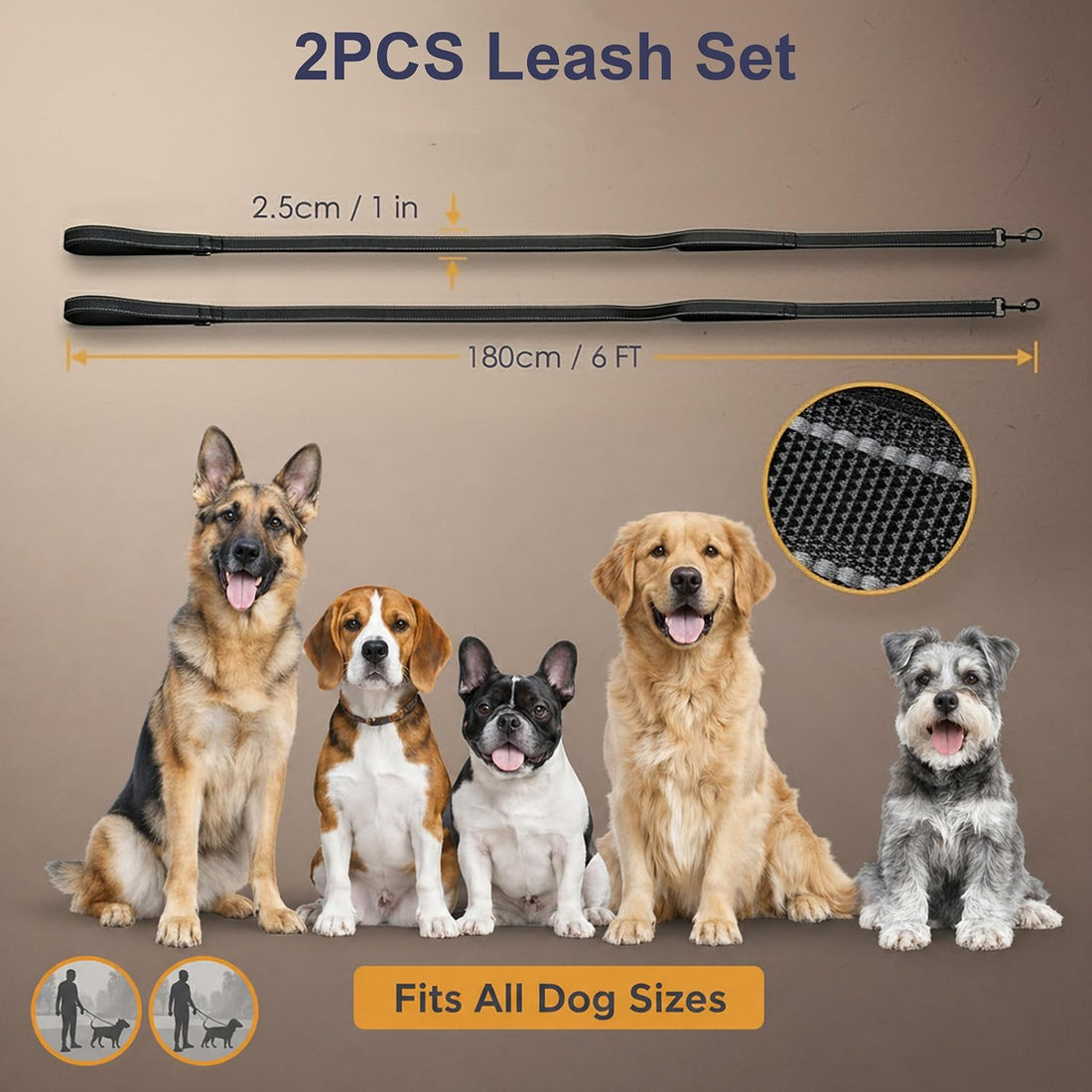 2 Pack Dog Leash, 6 FT Heavy Duty Dual Handle Reflective Leash