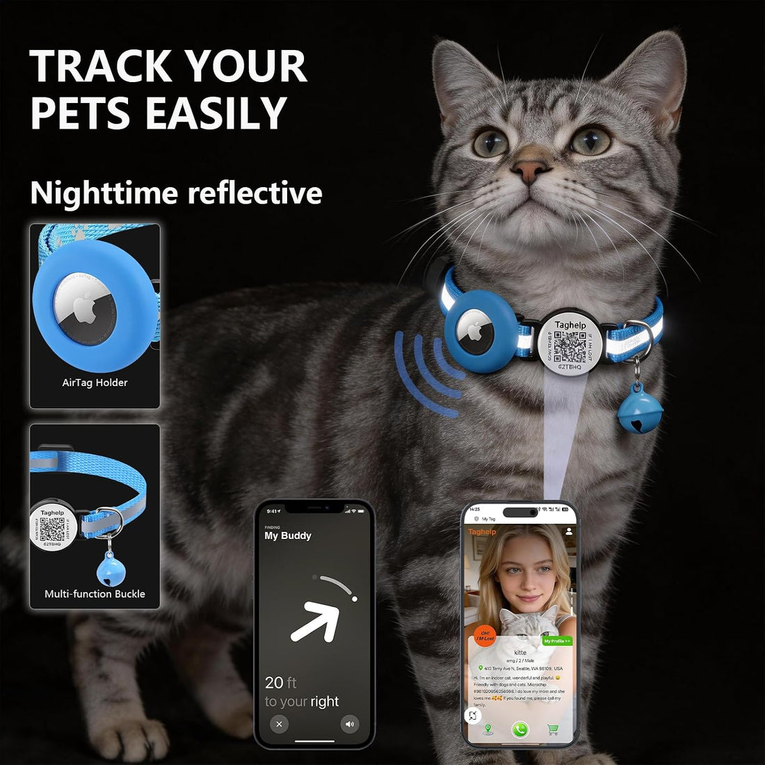 AirTag Holder Breakaway Cat Collar QR Code, Reflective Bell
