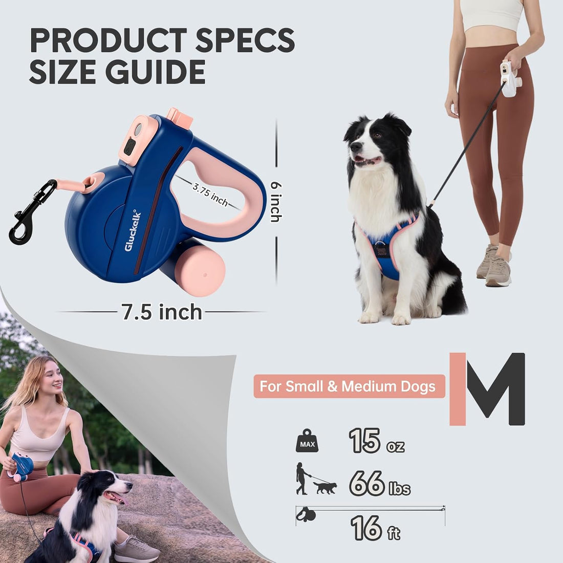 16 ft Retractable Dog Leash with LED, for Dogs Up to 44 lbs