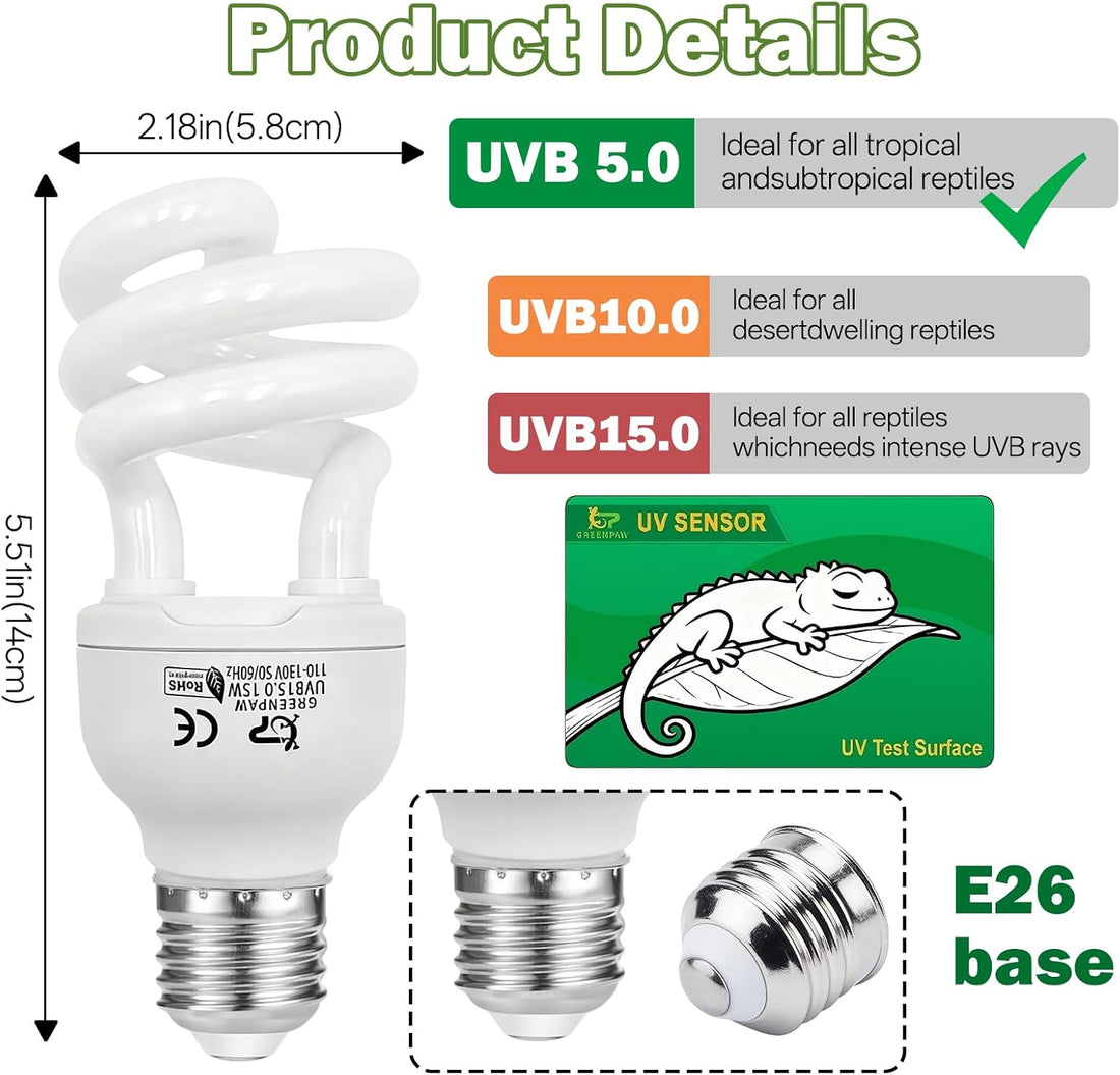 Reptile UVB Bulb 5.0 15W, Compact Fluorescent Light E26 Base, 2PCS