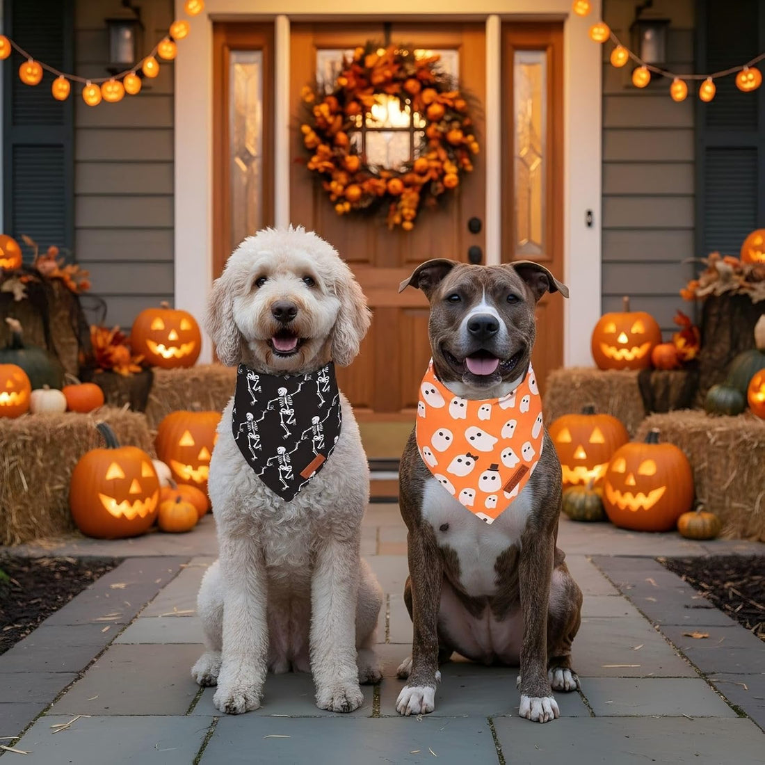 PTDECOR Halloween Dog Bandanas, Classic Skeleton Ghost Pet Scarf