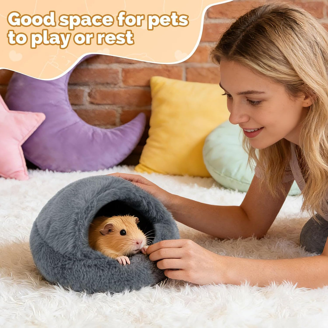 RAINFLOW Plush Guinea Pig Hideout Bed - Grey Fleece Hamster Cave Bed