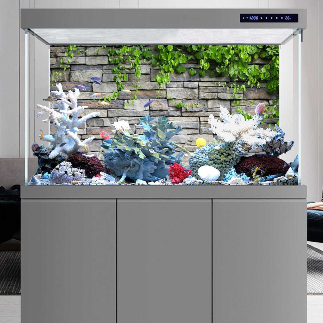 36x24 in Stone Brick Wall Aquarium Backdrop Leaves Fish Tank