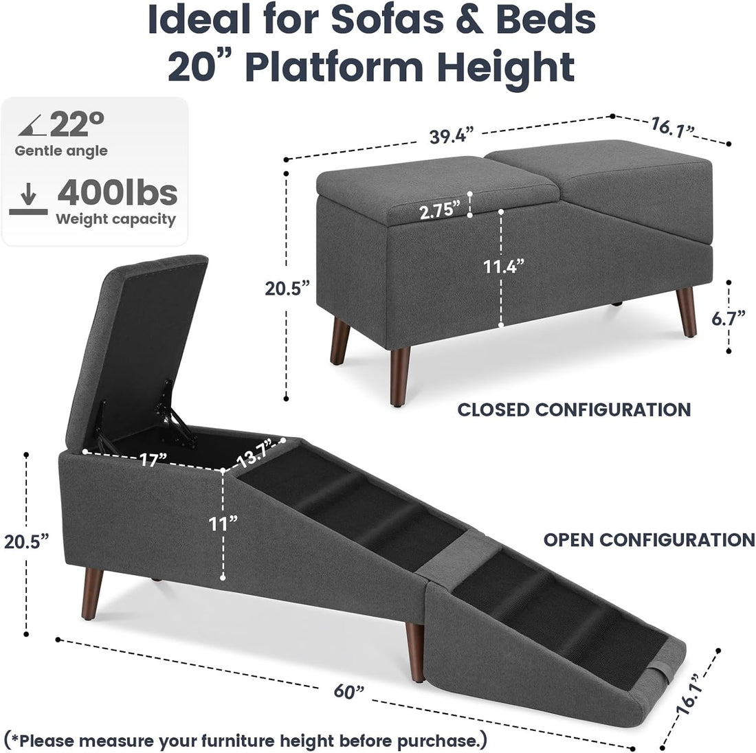 XXL Dog Stairs for Large Dogs, 2-in-1 Foldable Dog Ramp & Bed Bench