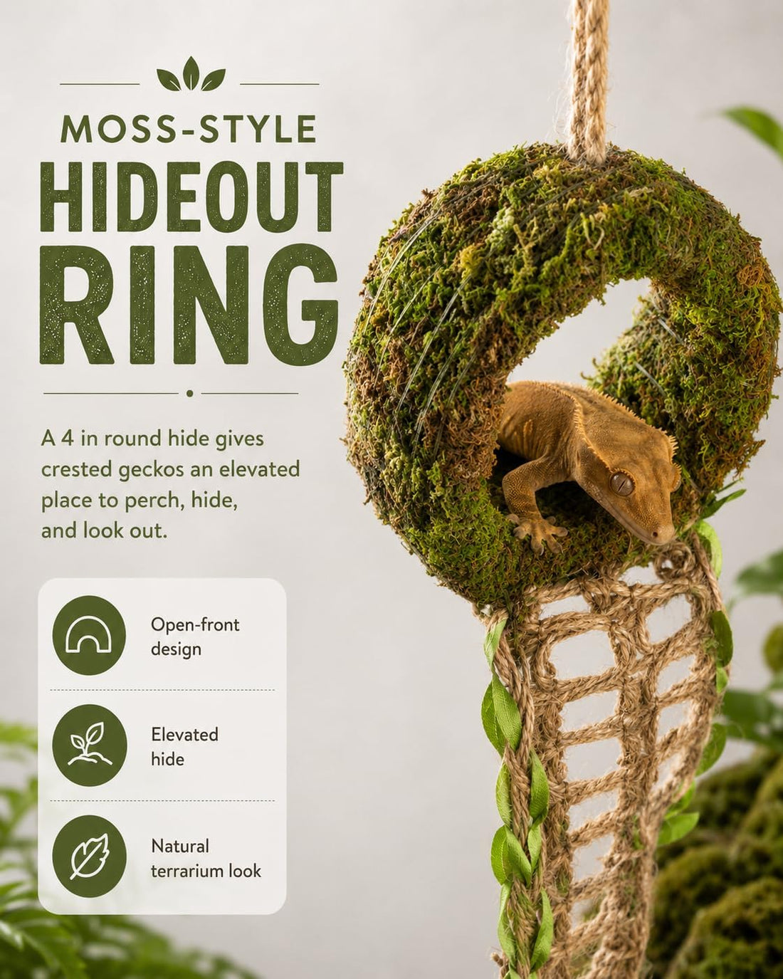 Crested Gecko Hide, Hanging Moss-Style Reptile Hideout with Rope
