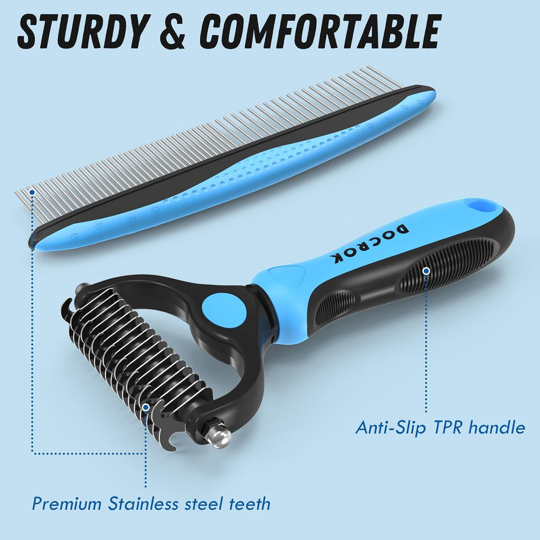 Docrok Pet Grooming Combo - Blue Deshedding Brush with Metal Comb