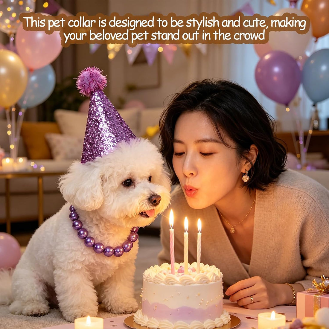 Ornaland Pearl Dog Necklace Collar for Women with Birthday Hat