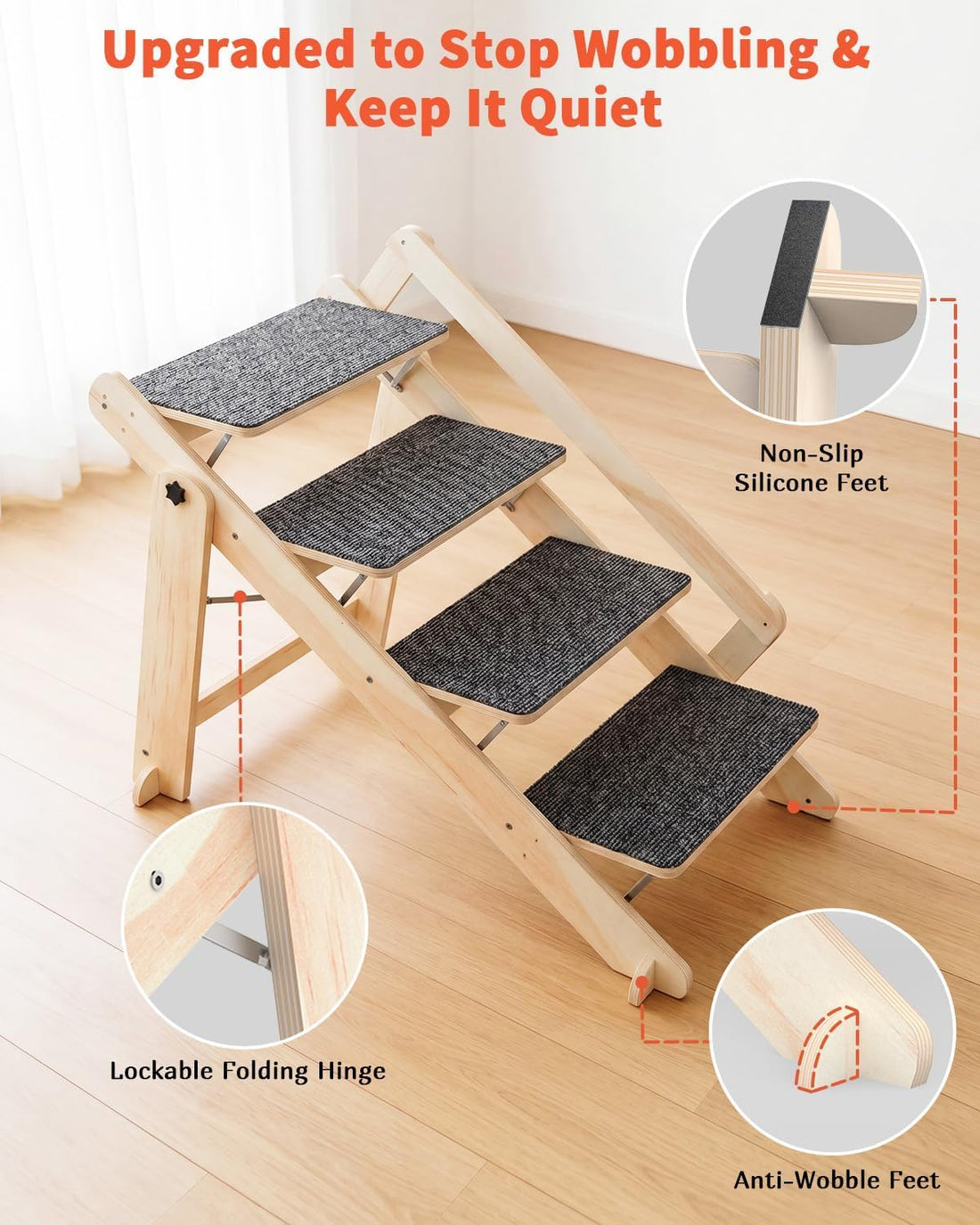 Woodure Foldable Dog Stairs, Convertible 4-Step Wooden Dog Ramp