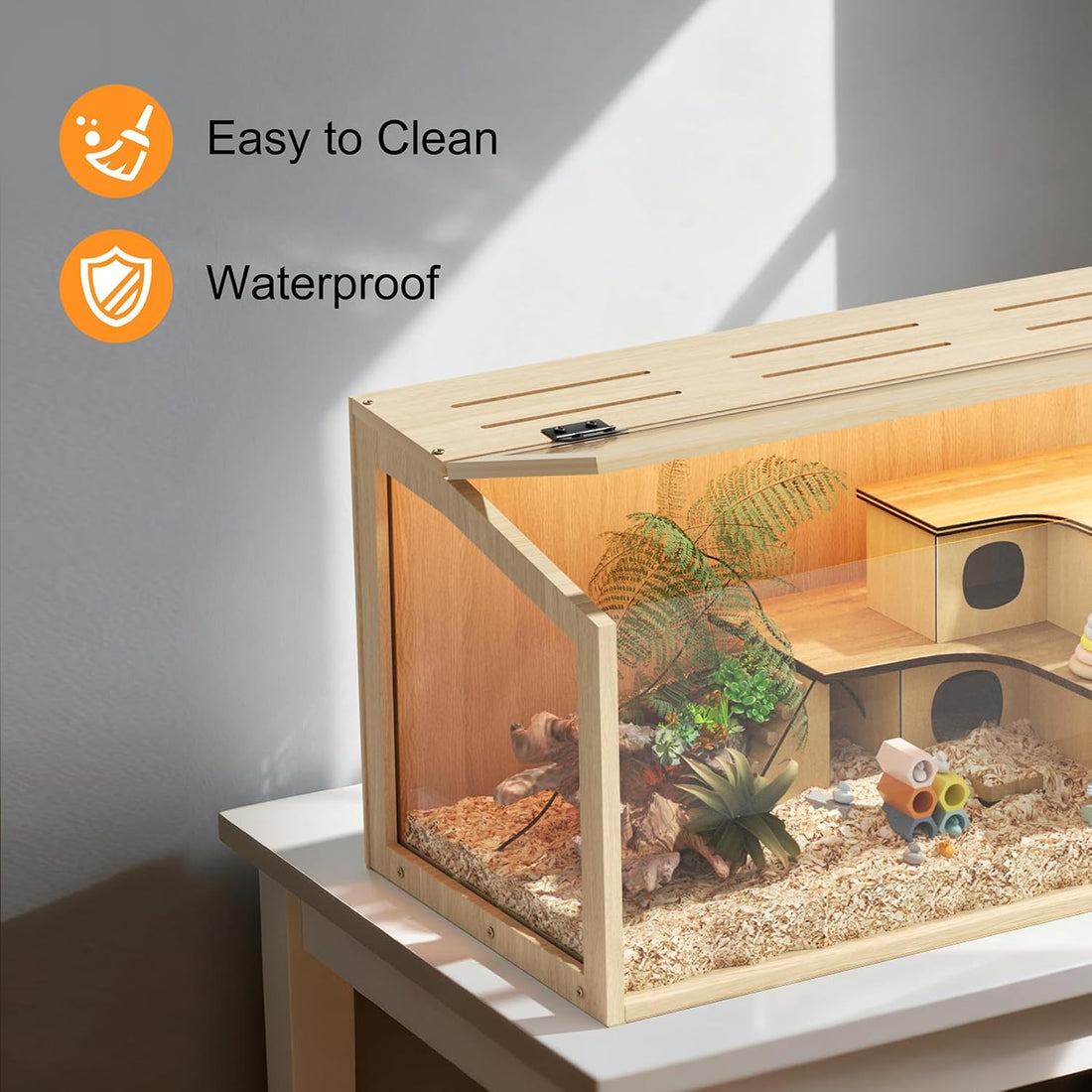 Hamster Cage: 24inch Wooden Small Animal Cage with Warm Light