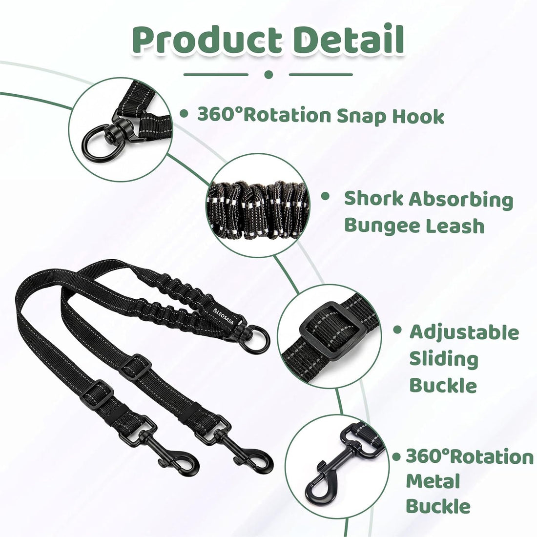Double Dog Leash for 2 Dogs - No Tangle 360°Swivel Splitter