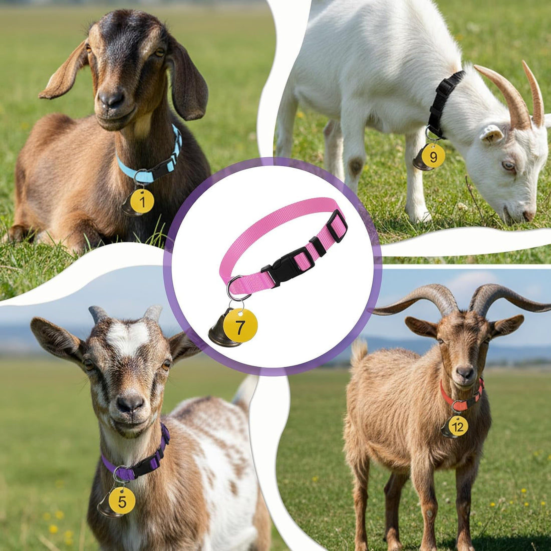 20 Pack Goat Collars with Bells, Adjustable Nylon Collar Set