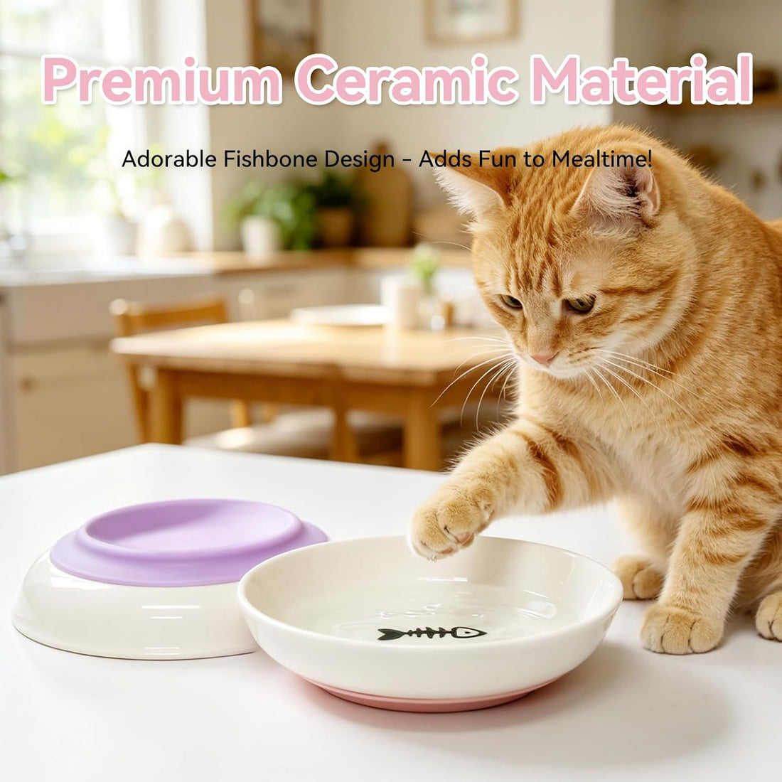 [4 Pack] Ceramic Cat Bowls, Cat Dishes with Non-Slip Silicone Bottom