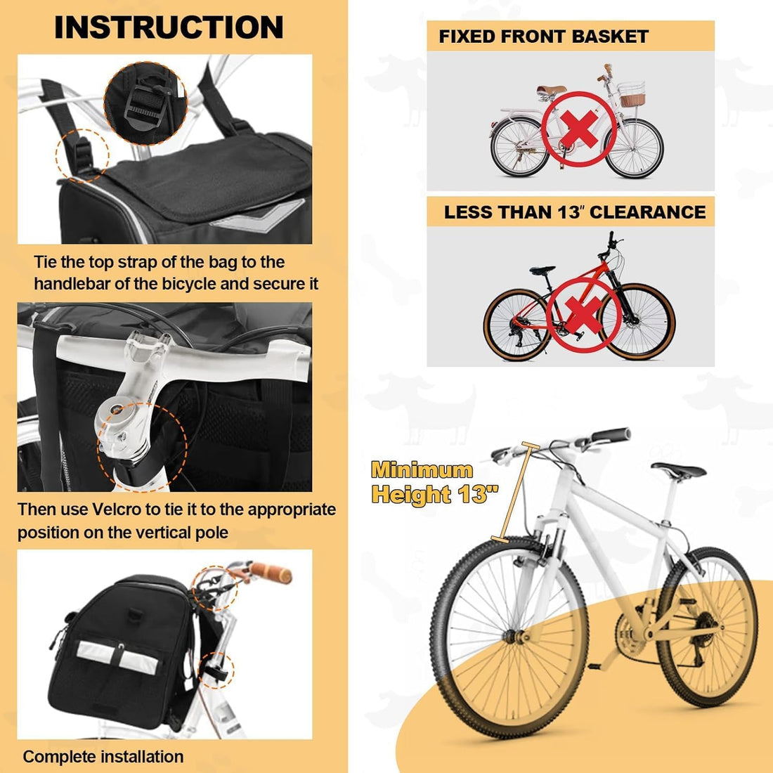 Dog Bike Basket, Foldable Pet Bike Carrier Backpack with Safety Strap