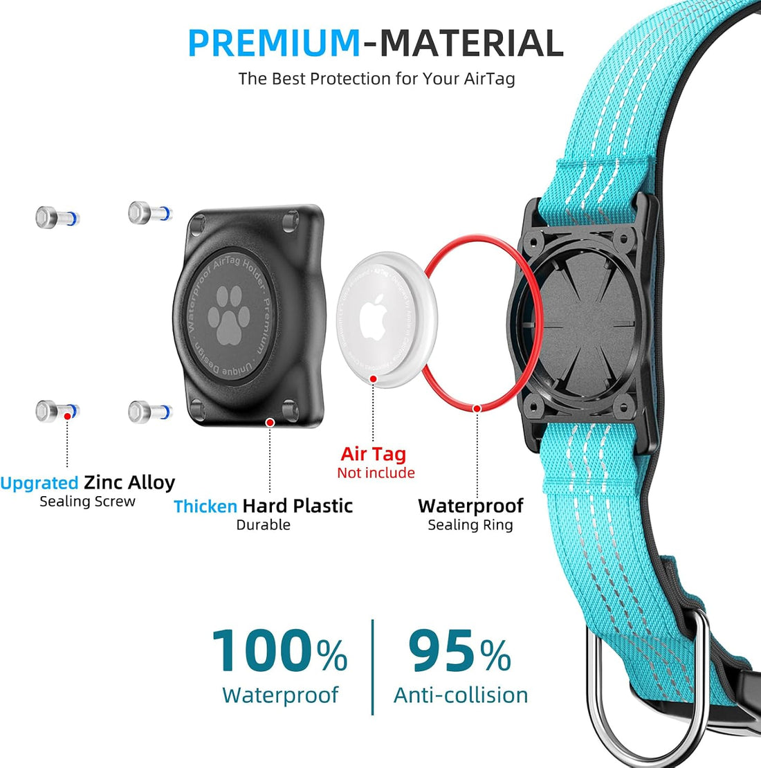 Upgrade Dog Collar with AirTag Holder, IP68 Waterproof, Blue, M