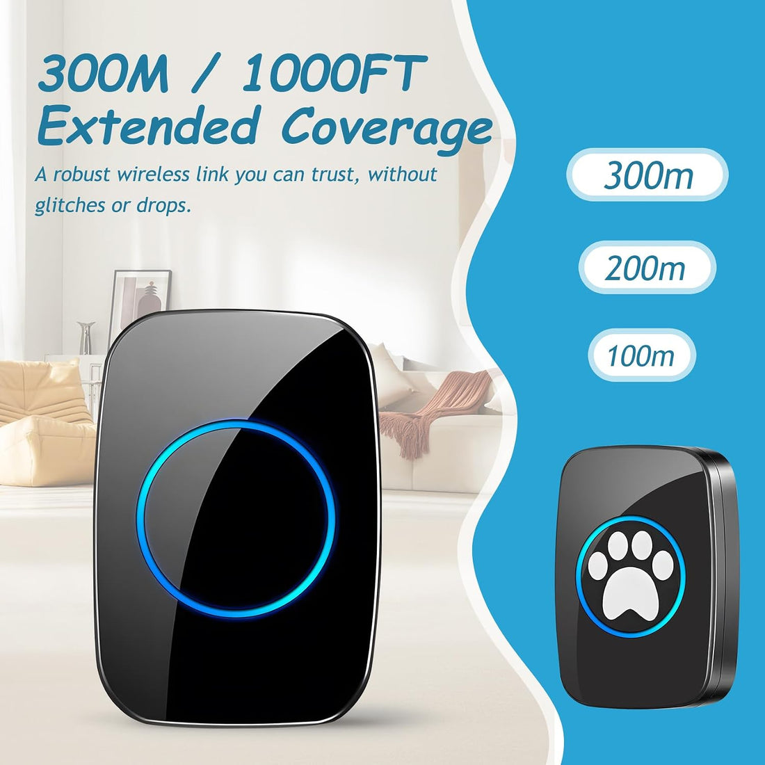 Edge Touch Dog Bell – Blk Wireless Dog Door Bell (1 Bell & 1 Chime)