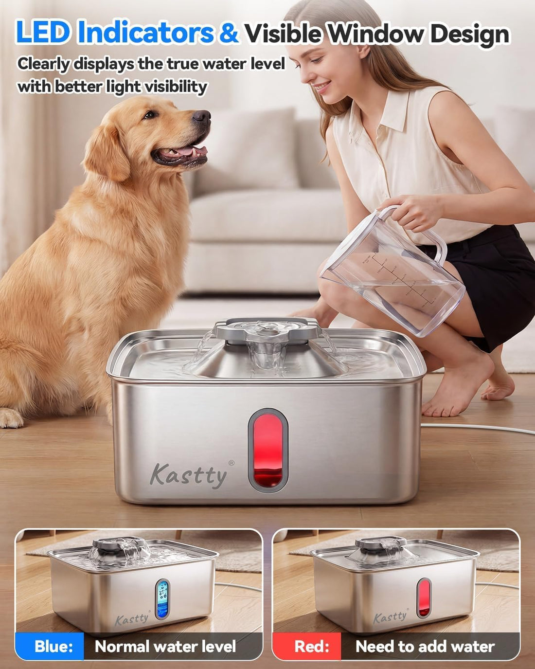 Kastty 4Gal/15L Stainless Steel Dog Water Fountain for Large Multi-Pet