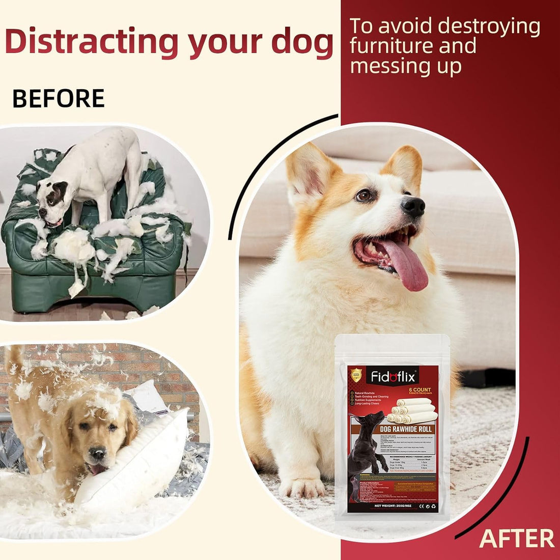FidoFlix Dog Rawhide Chews,Long Lasting Rawhide Rolls Rawhide
