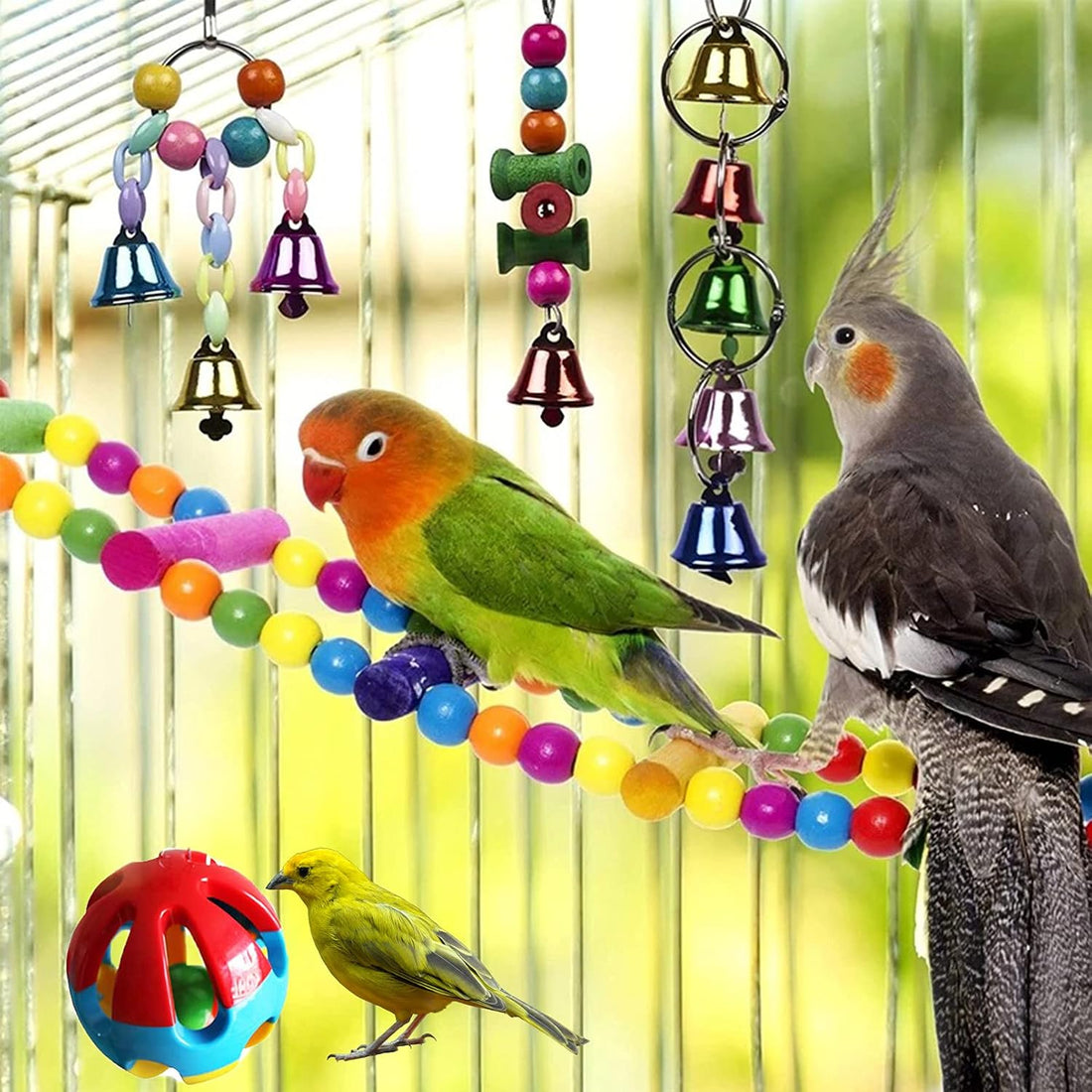 Hamiledyi Bird Parrot Swing Chewing Toy Set 15PCS Wooden Hanging Bell