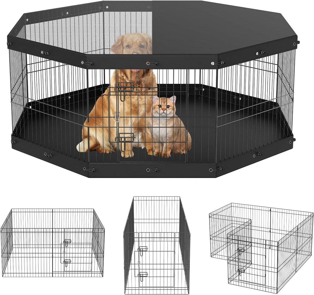 VEVOR 24" Dog Playpen, 8-Panel Foldable Metal Pet Pen with Top Cover