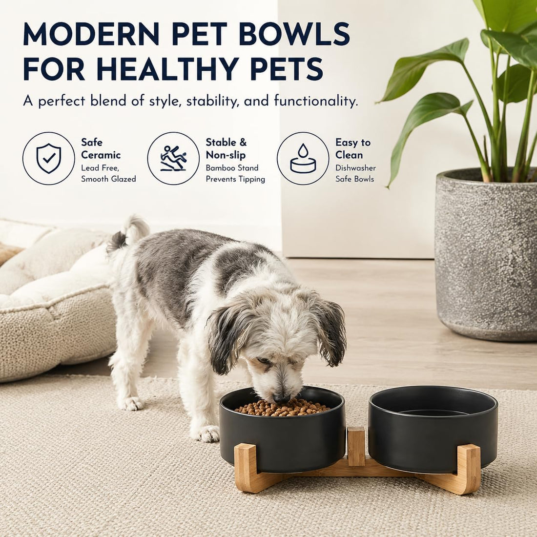 Petygooing Ceramic Dog Cat Bowls Set with Stand,Black Pet Food