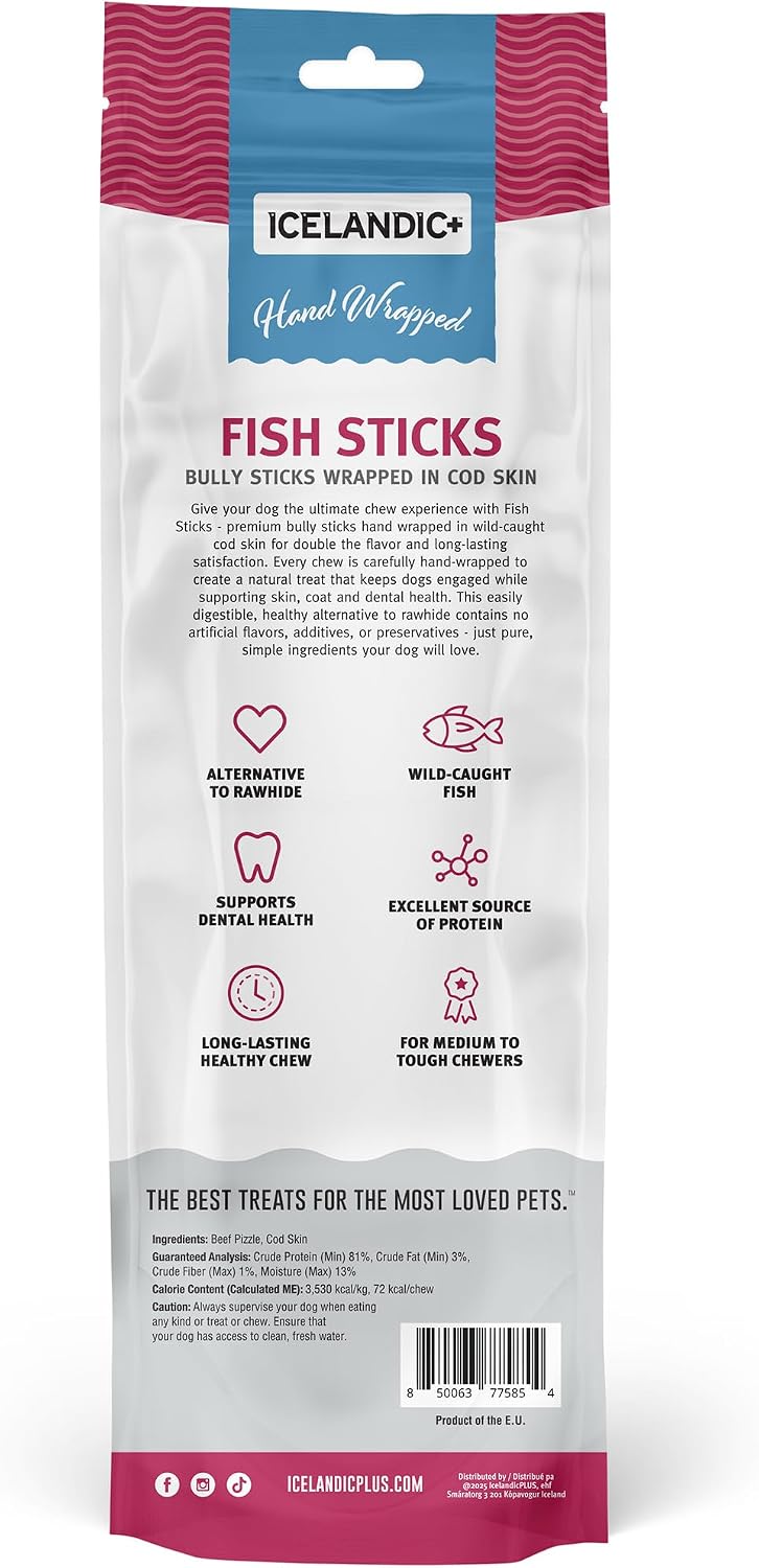 Icelandic+ 3 Pack 12" Hand-Wrapped Bully Sticks in Cod Skin Fish Dog