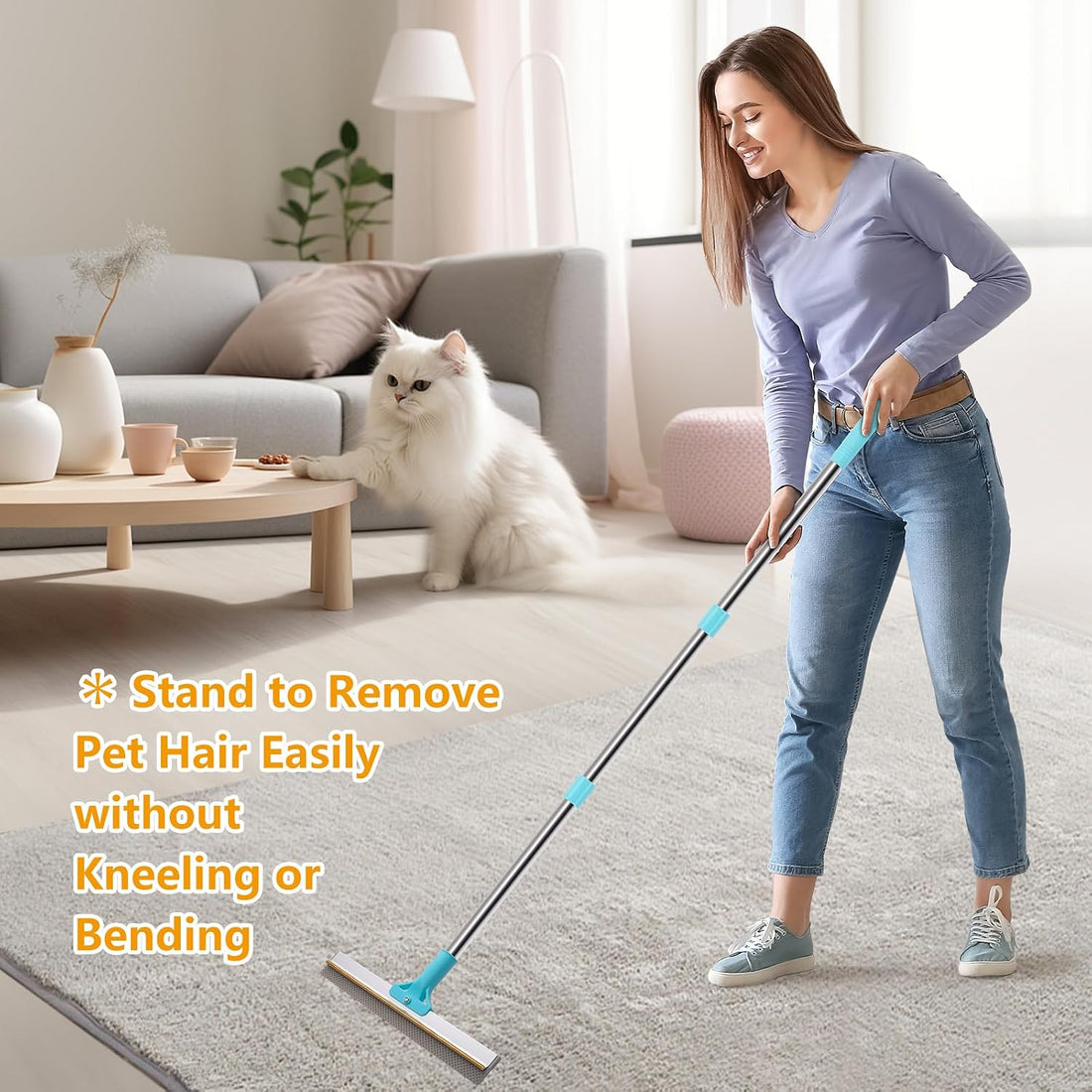 ondware 2-in-1 Carpet Rake for Pet Hair, 54" Adjustable Handle