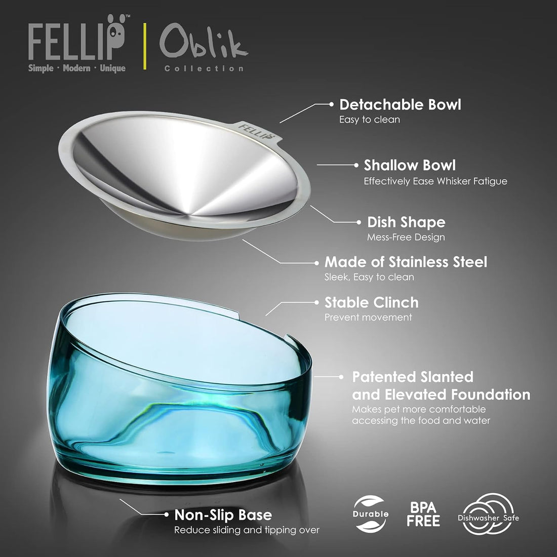 Felli Pet Oblik Whisker Fatigue Cat Food Bowl Raised Stainless Steel