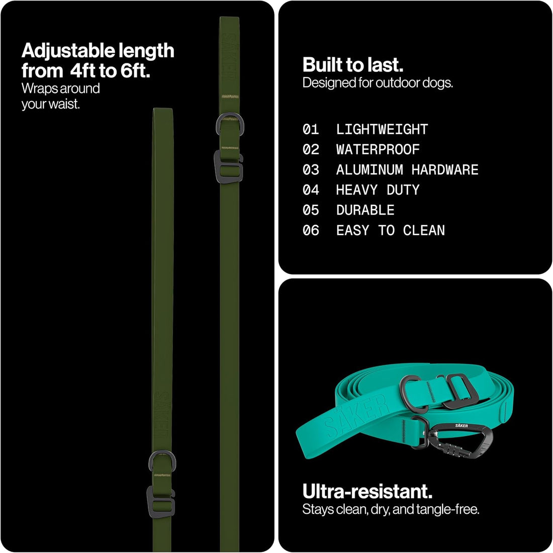 Säker Kelp™ Waterproof Dog Leash – Heavy Duty, Odor-Proof