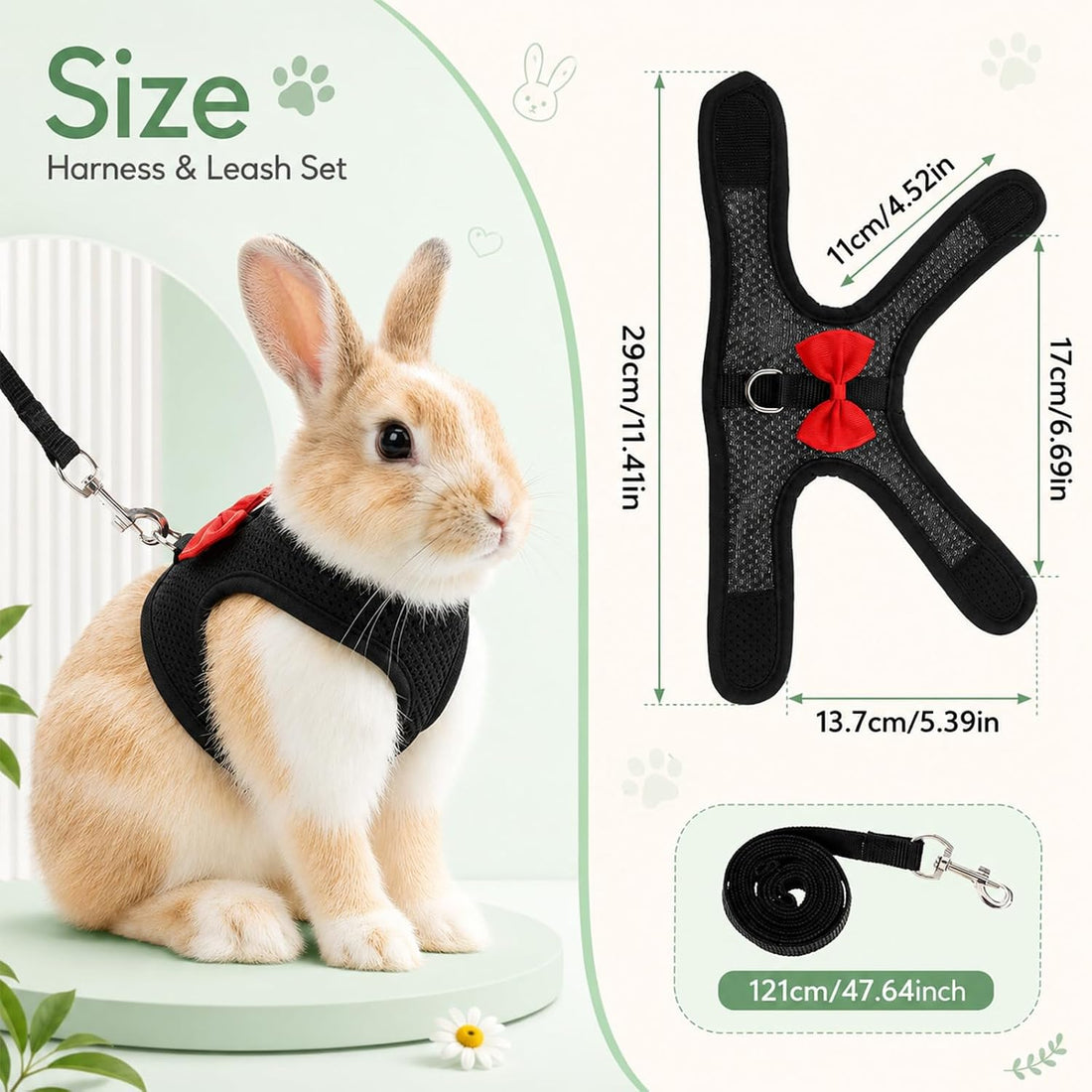 Black Rabbit Harness and Leash Set with Cute Bow for Small Pets