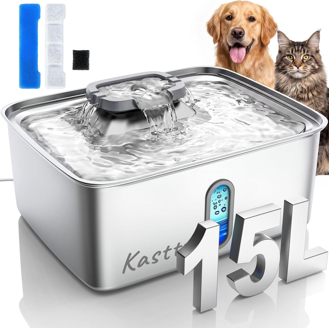 Kastty 4Gal/15L Stainless Steel Dog Water Fountain for Large Multi-Pet