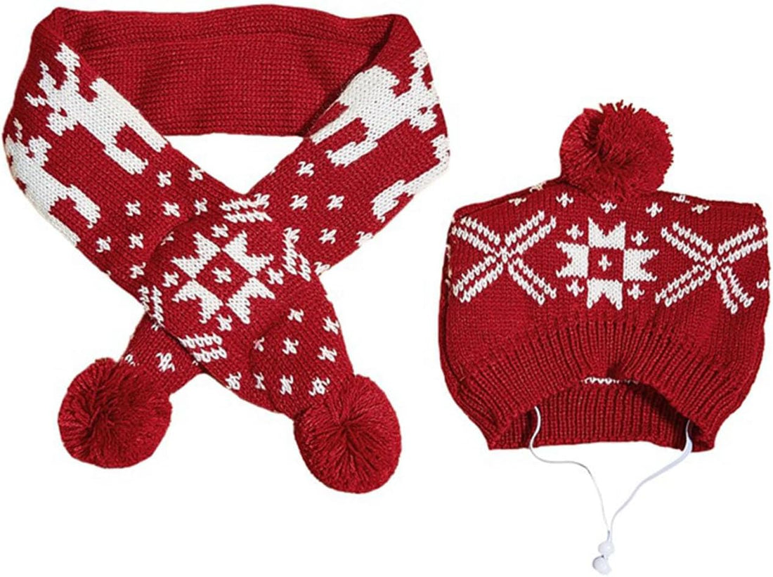 Dog Hat & Scarf Set, Knitted Pet Christmas Winter Warm Caps