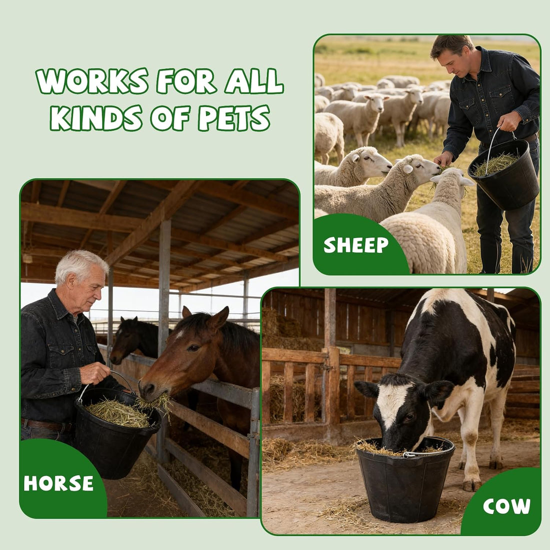 2 Pack Rubber Horse Feed Buckets, 10 Qt Water Troughs with Handles