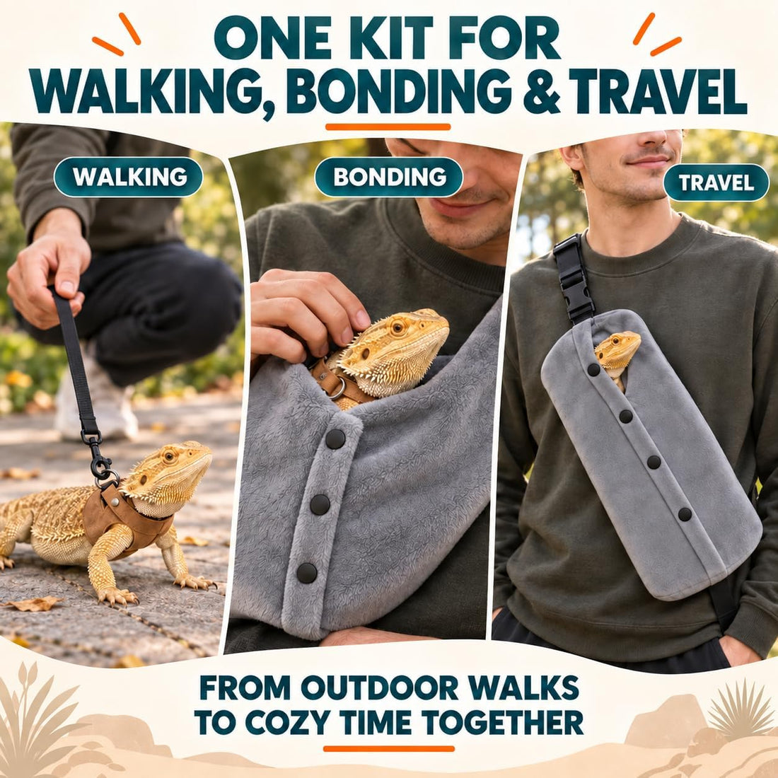 Bearded Dragon Leash & Harness Set with Travel Carrier Sling