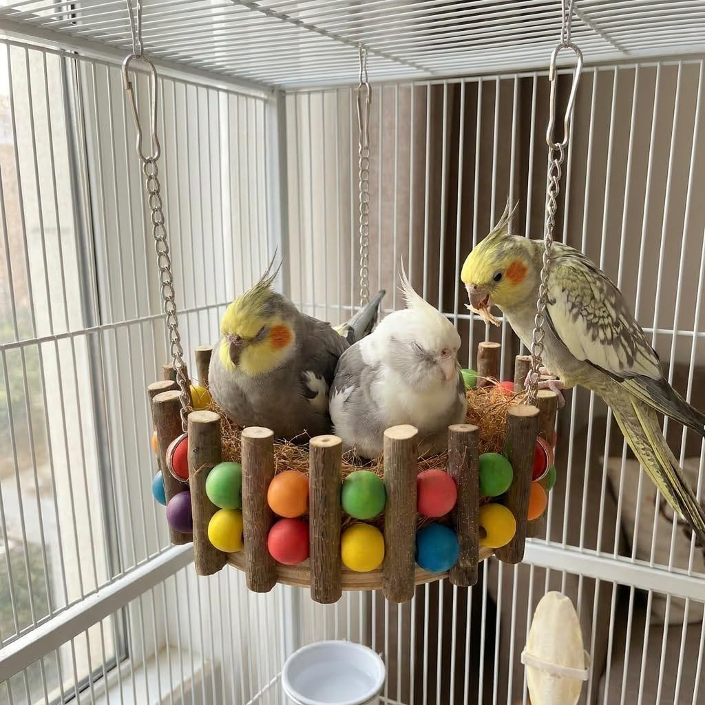KraAra 3-in-1 Parrot Hammock Bird Nest Bed Swing Toys with Wood Perch
