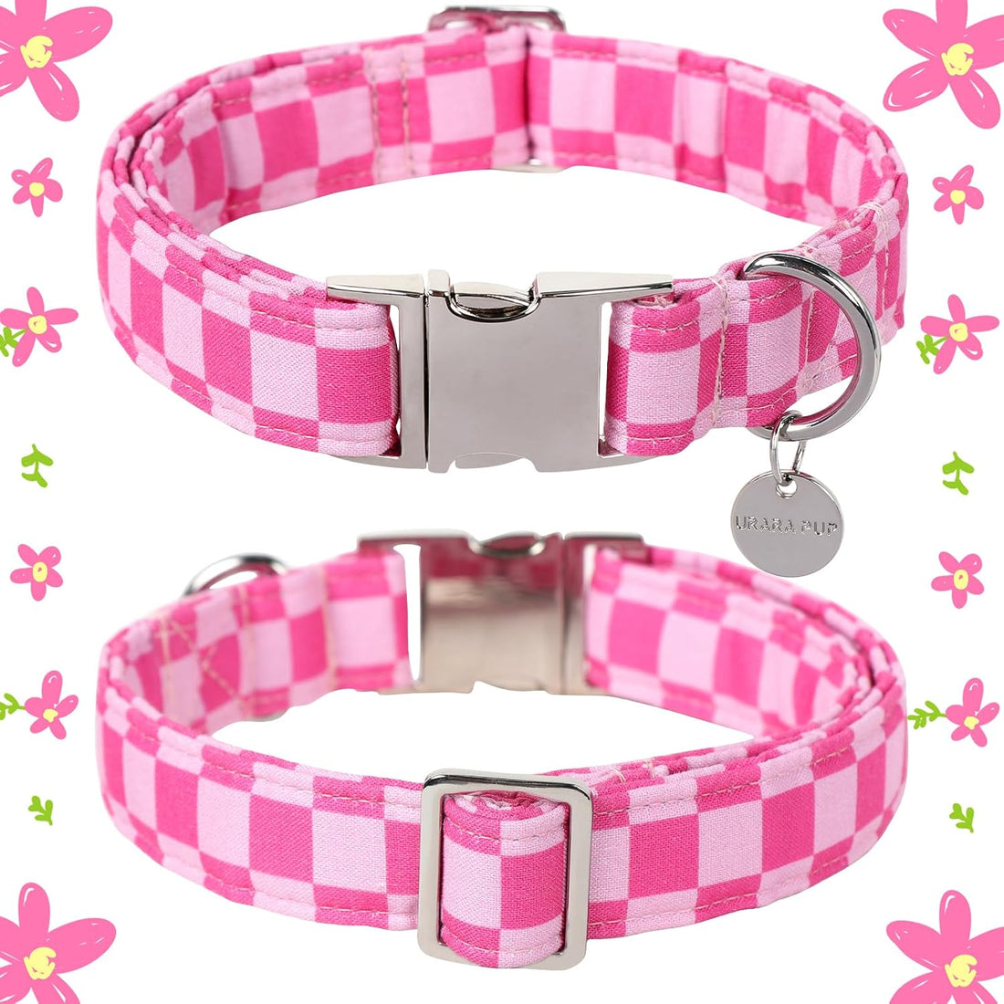UP URARA PUP Dog Collar for Summer,Cute Pink Plaid Dog Collar,Cotton