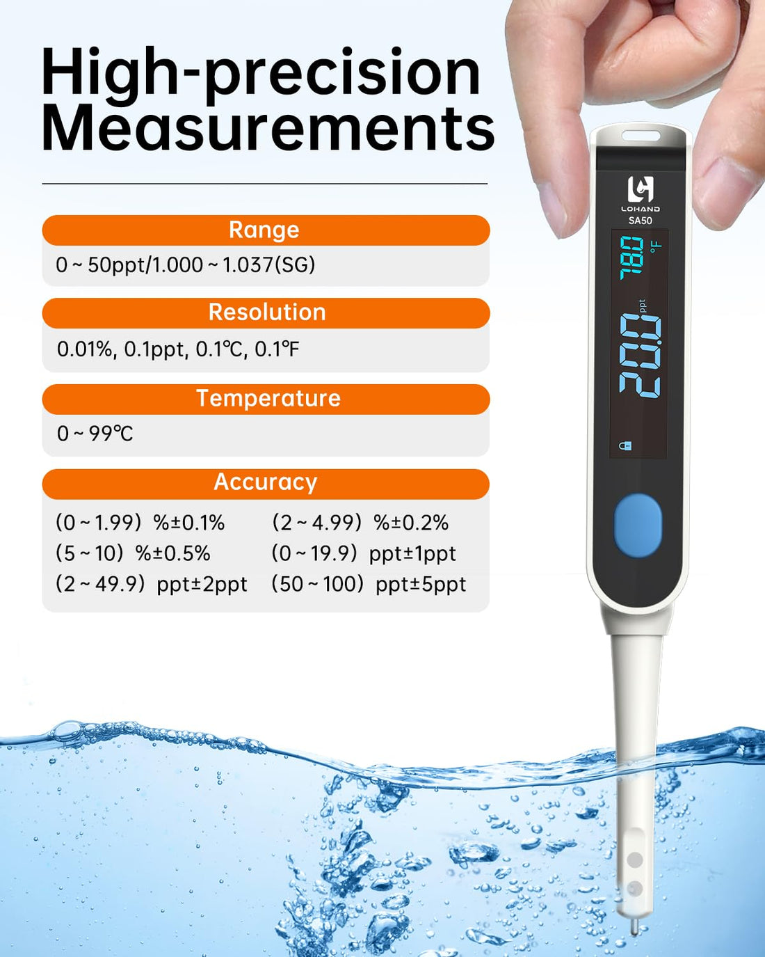 LOHAND Digital Salinity Meter, Range:0-50ppt