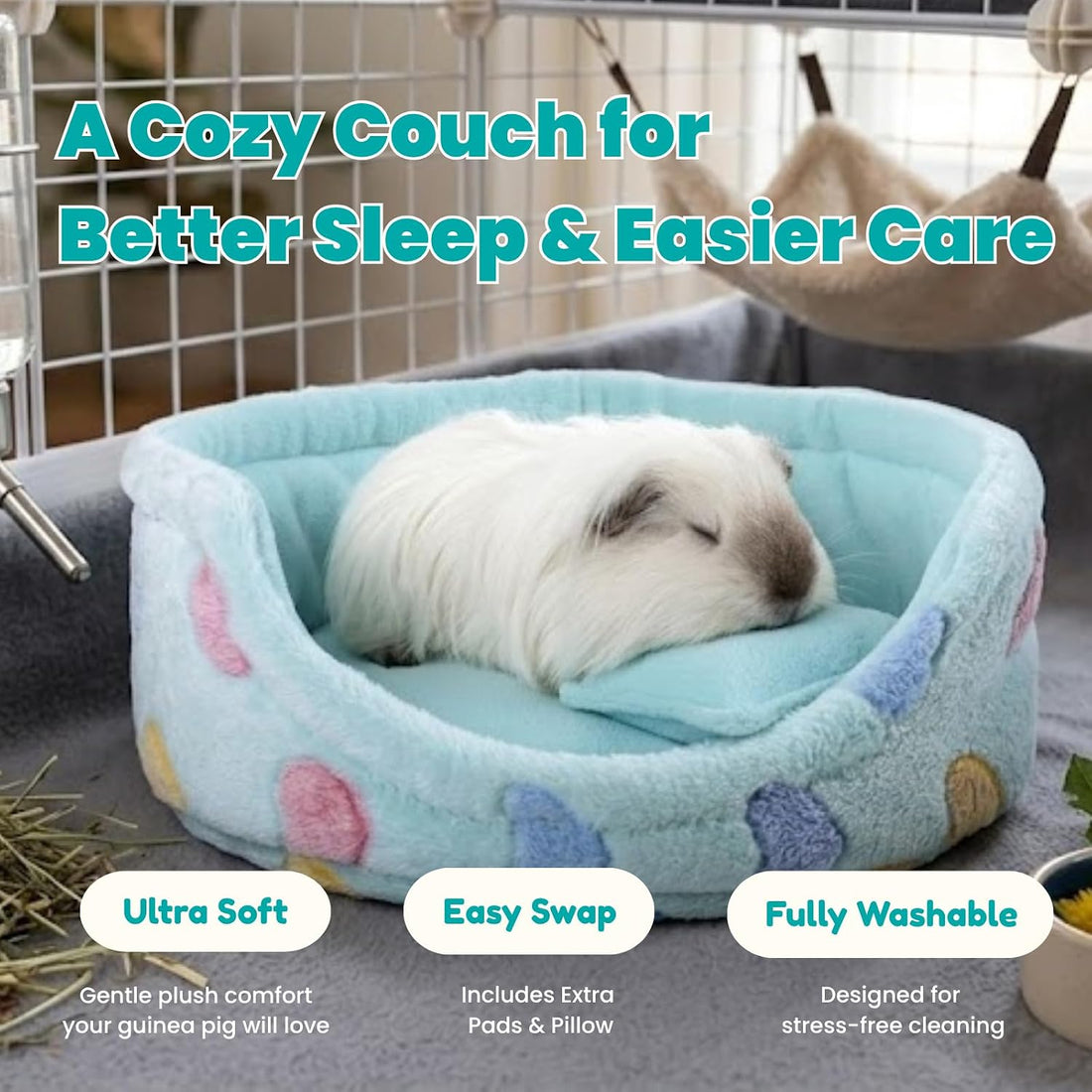 Guinea Pig Couch Bed, Plush Sofa with 2 Washable Mats & Pillow