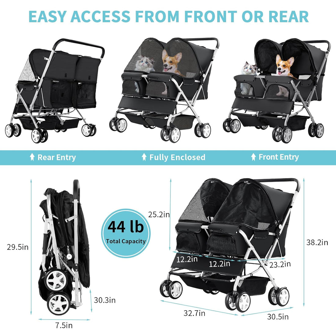 Double Pet Stroller for 2 Dogs & Cats, Side-by-Side