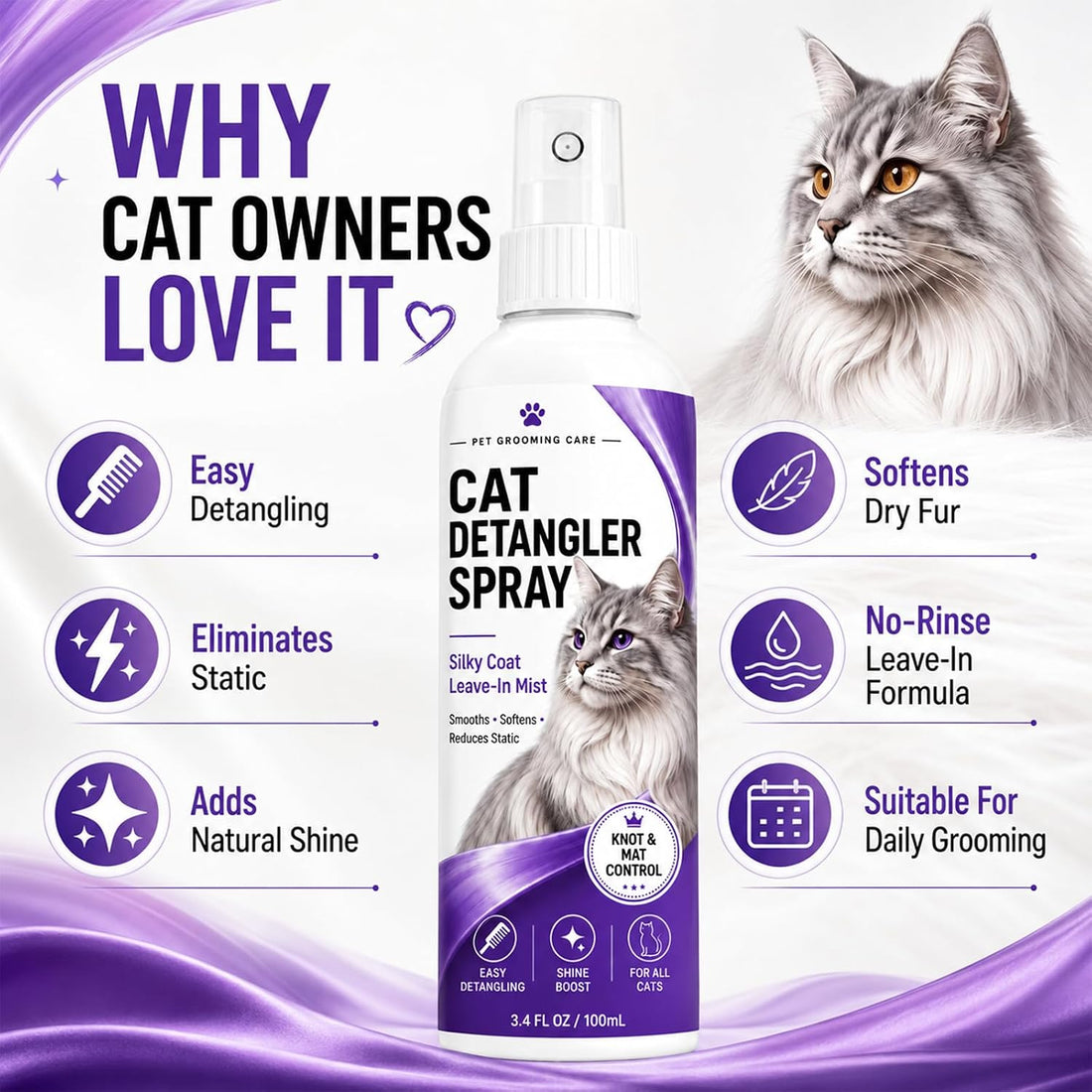 Cat Detangler Spray for Matted Hair, Leave in Pet Conditioner Spray